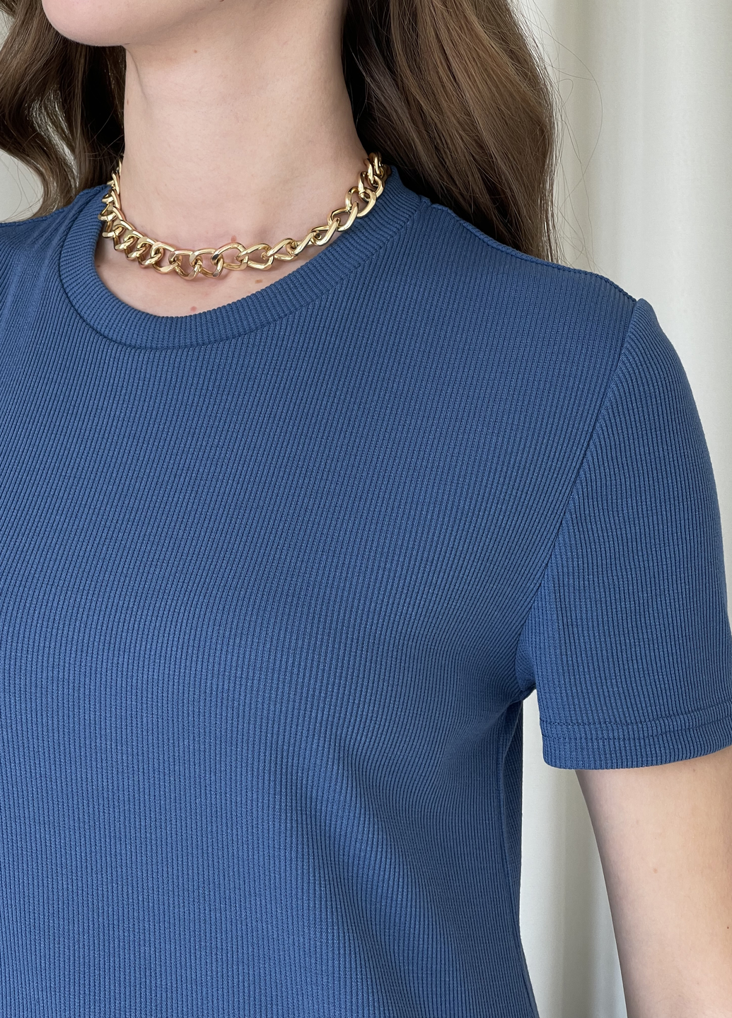 Купить Длинное платье-футболка в рубчик синее Merlini Кассо 700000131 размер 42-44 (S-M) в интернет-магазине