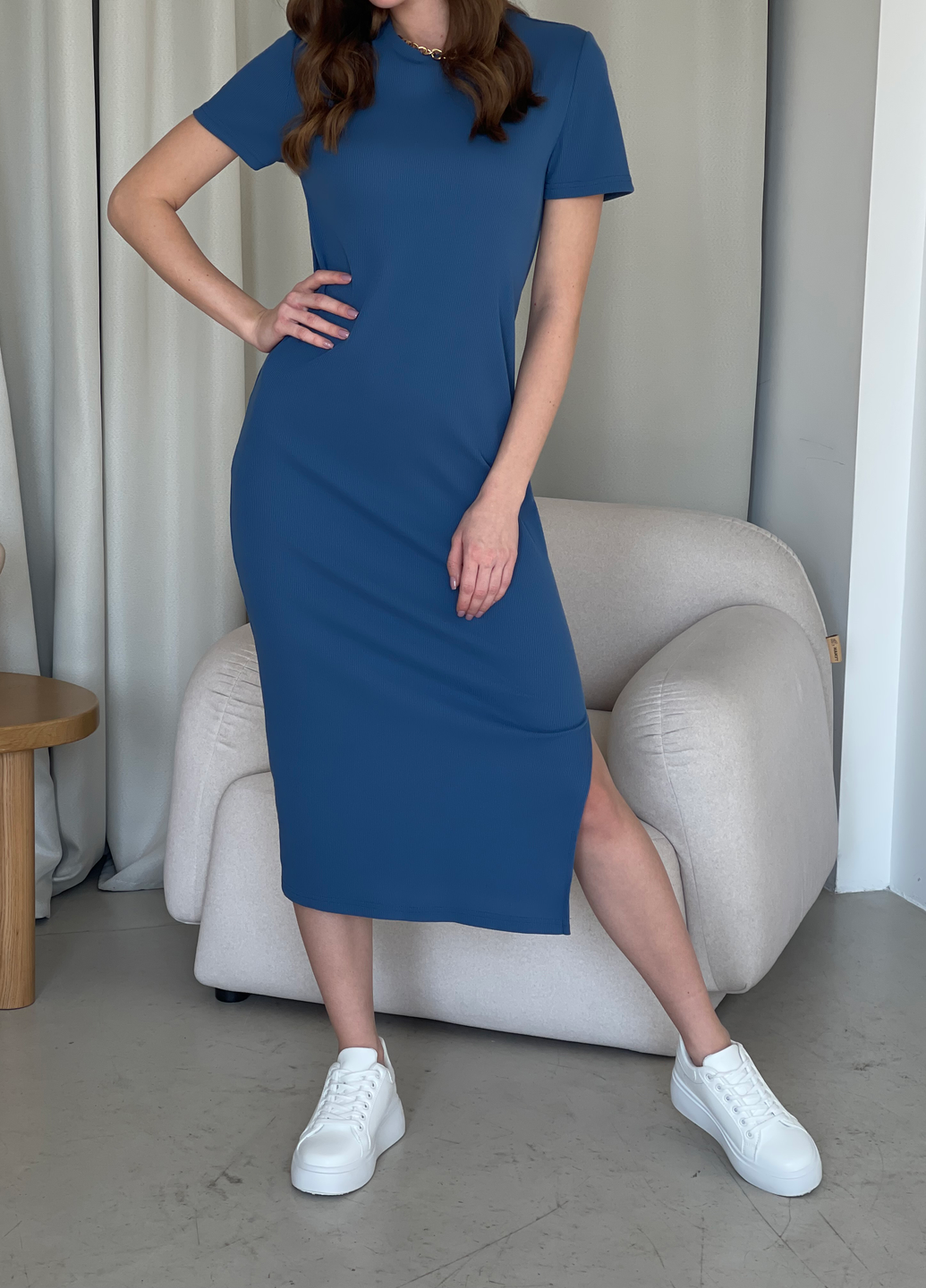 Купить Длинное платье-футболка в рубчик синее Merlini Кассо 700000131 размер 42-44 (S-M) в интернет-магазине
