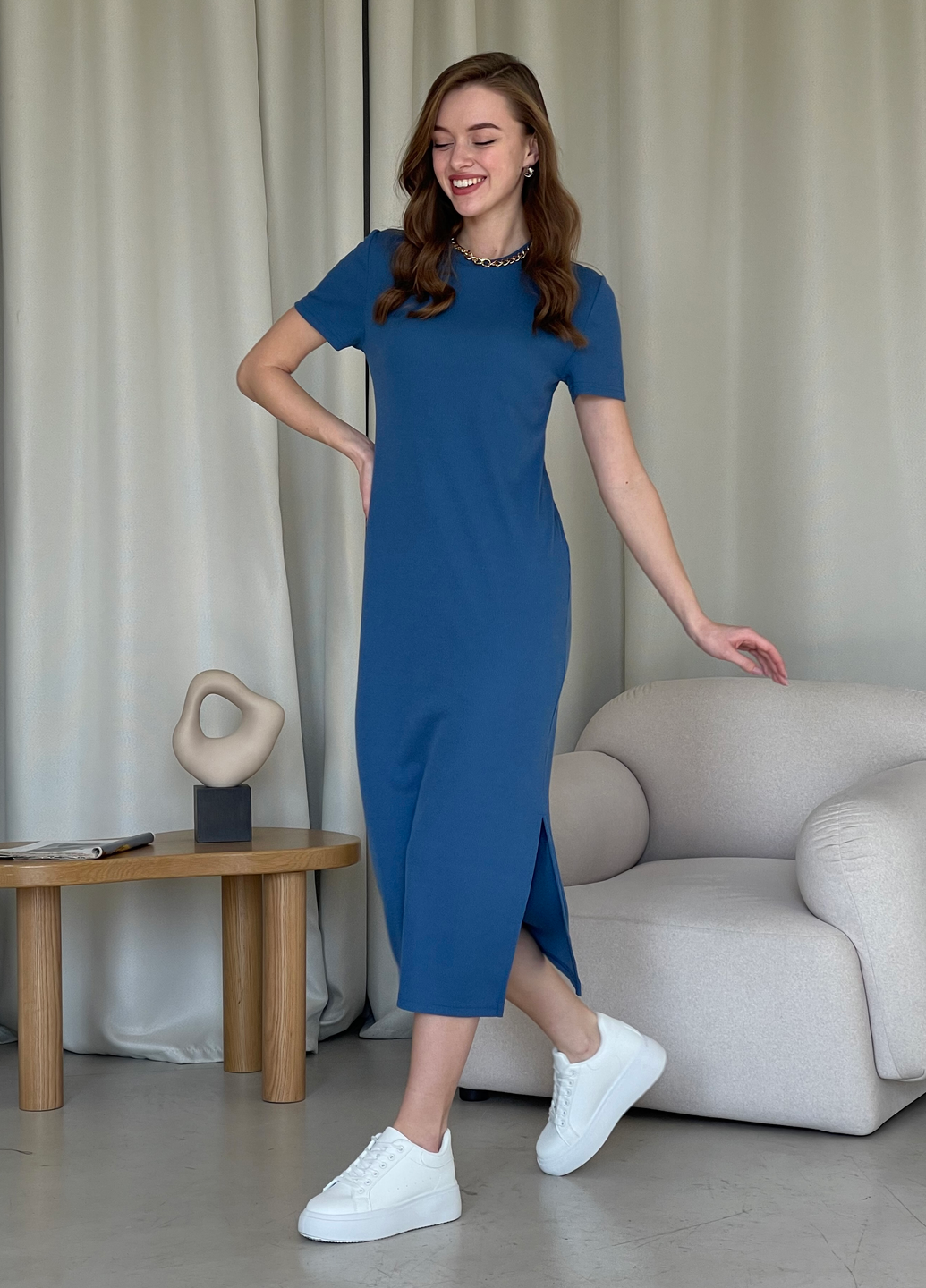Купити Довга сукня-футболка в рубчик синє Merlini Кассо 700000131 розмір 42-44 (S-M) в інтернет-магазині