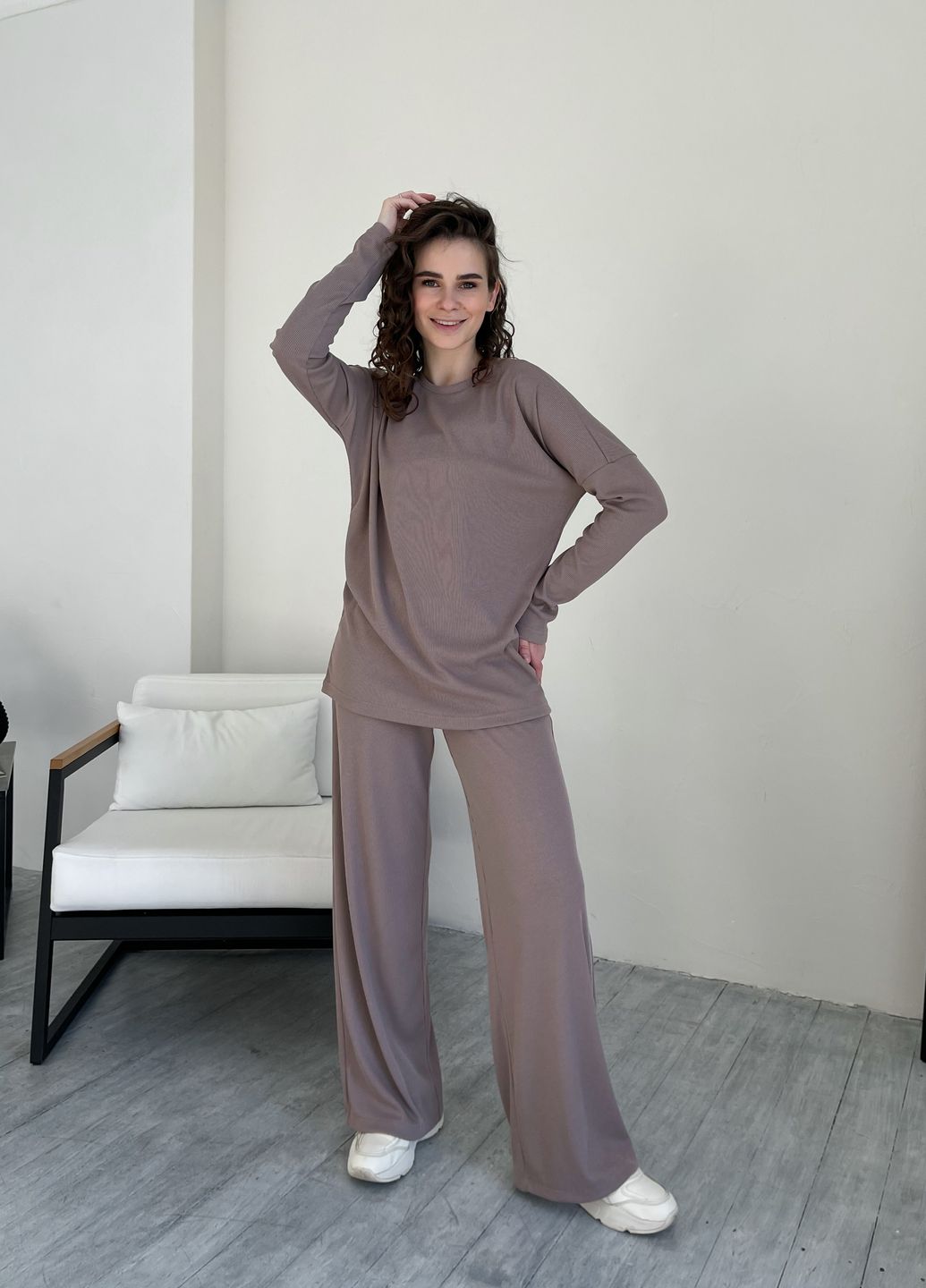 Купить Костюм женский в рубчик цвета мокко с широкими штанами Merlini Мантуя 100000404, размер XS-M в интернет-магазине