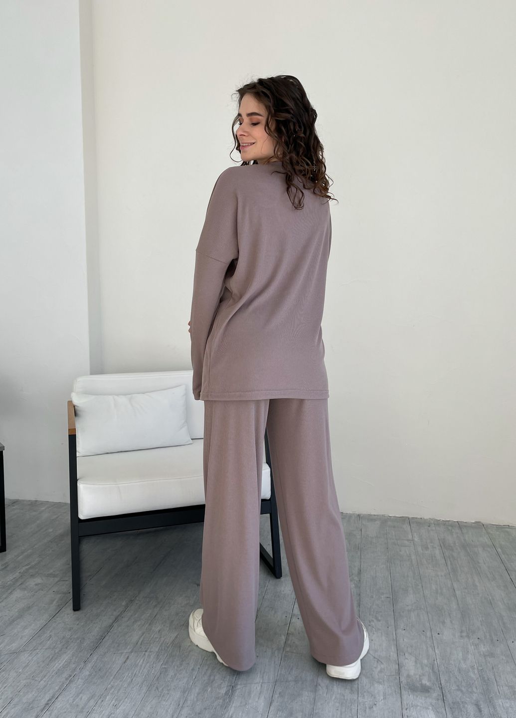 Купить Костюм женский в рубчик цвета мокко с широкими штанами Merlini Мантуя 100000404, размер XS-M в интернет-магазине