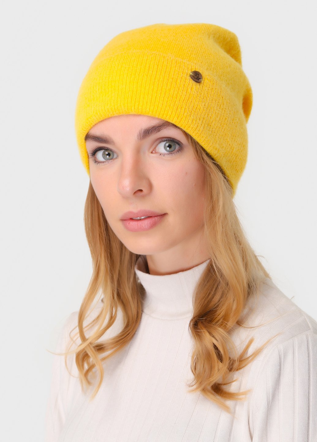 Купить Зимняя ангоровая женская шапка с отворотом на флисовой подкладке DeMari Зара 500066 - Жёлтый в интернет-магазине