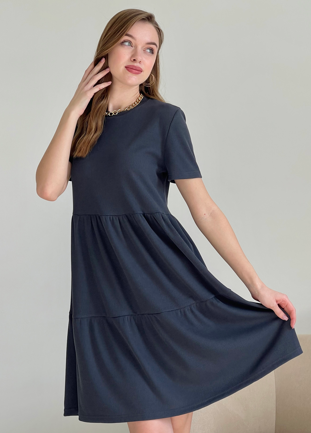 Купить Свободное платье трапеция миди серое Merlini Маркони 700001230 размер 42-44 (S-M) в интернет-магазине