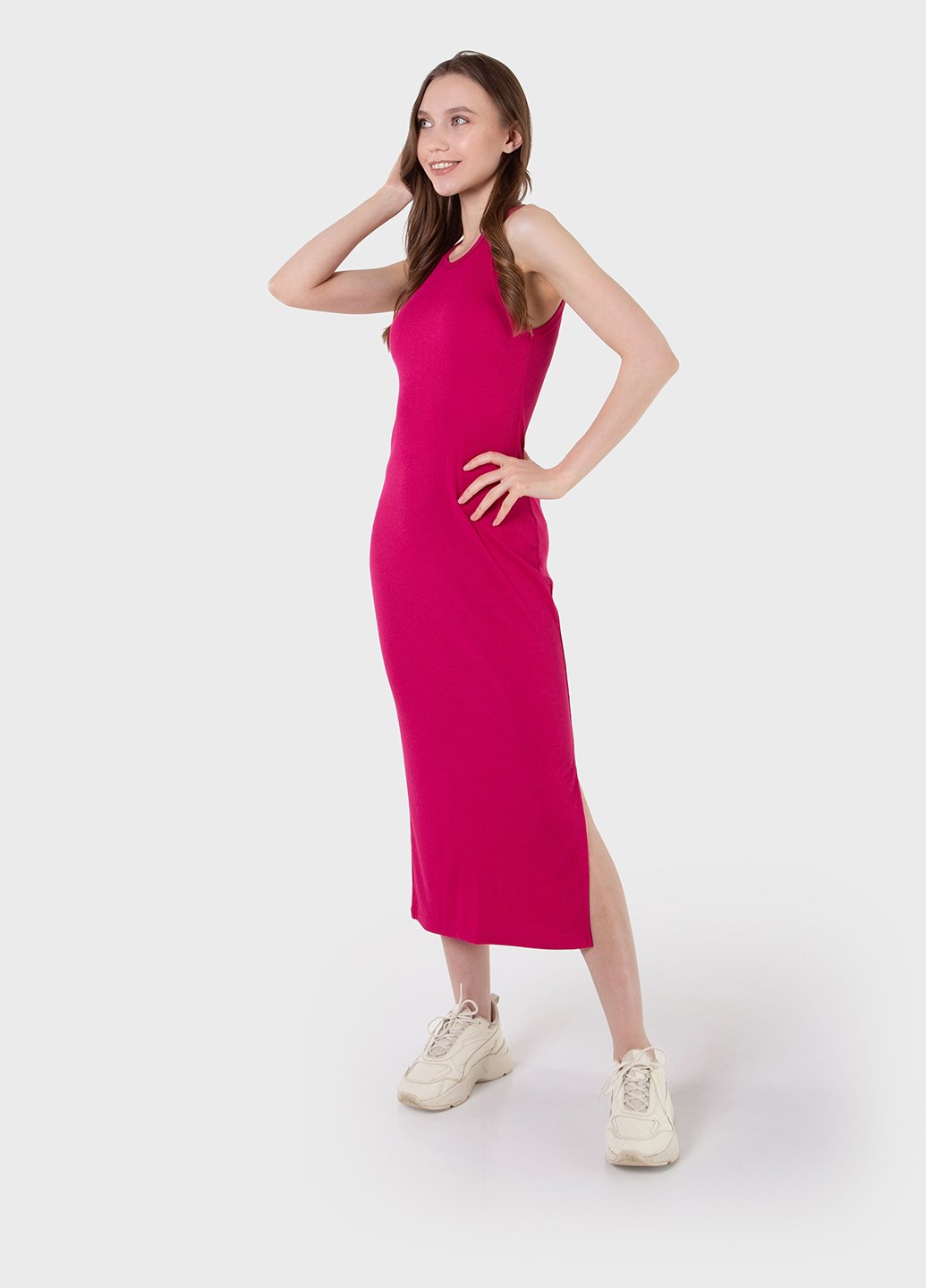 Купить Длинное платье-майка в рубчик розовое Merlini Лонга 700000108 размер 42-44 (S-M) в интернет-магазине