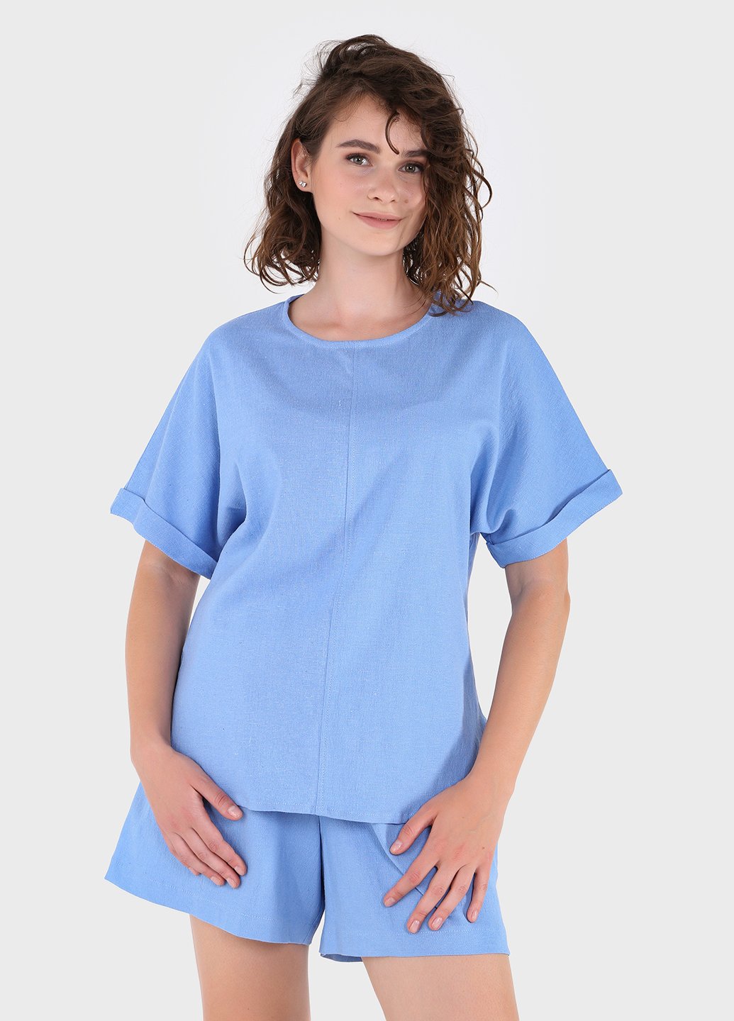 Купить Оверсайз льняная футболка женская голубого цвета Merlini Лацио 800000036, размер 42-44 в интернет-магазине