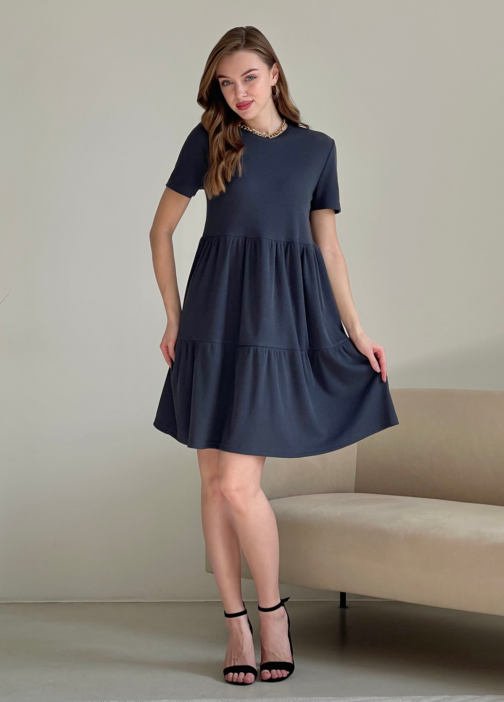 Купить Свободное платье трапеция миди серое Merlini Маркони 700001230 размер 42-44 (S-M) в интернет-магазине