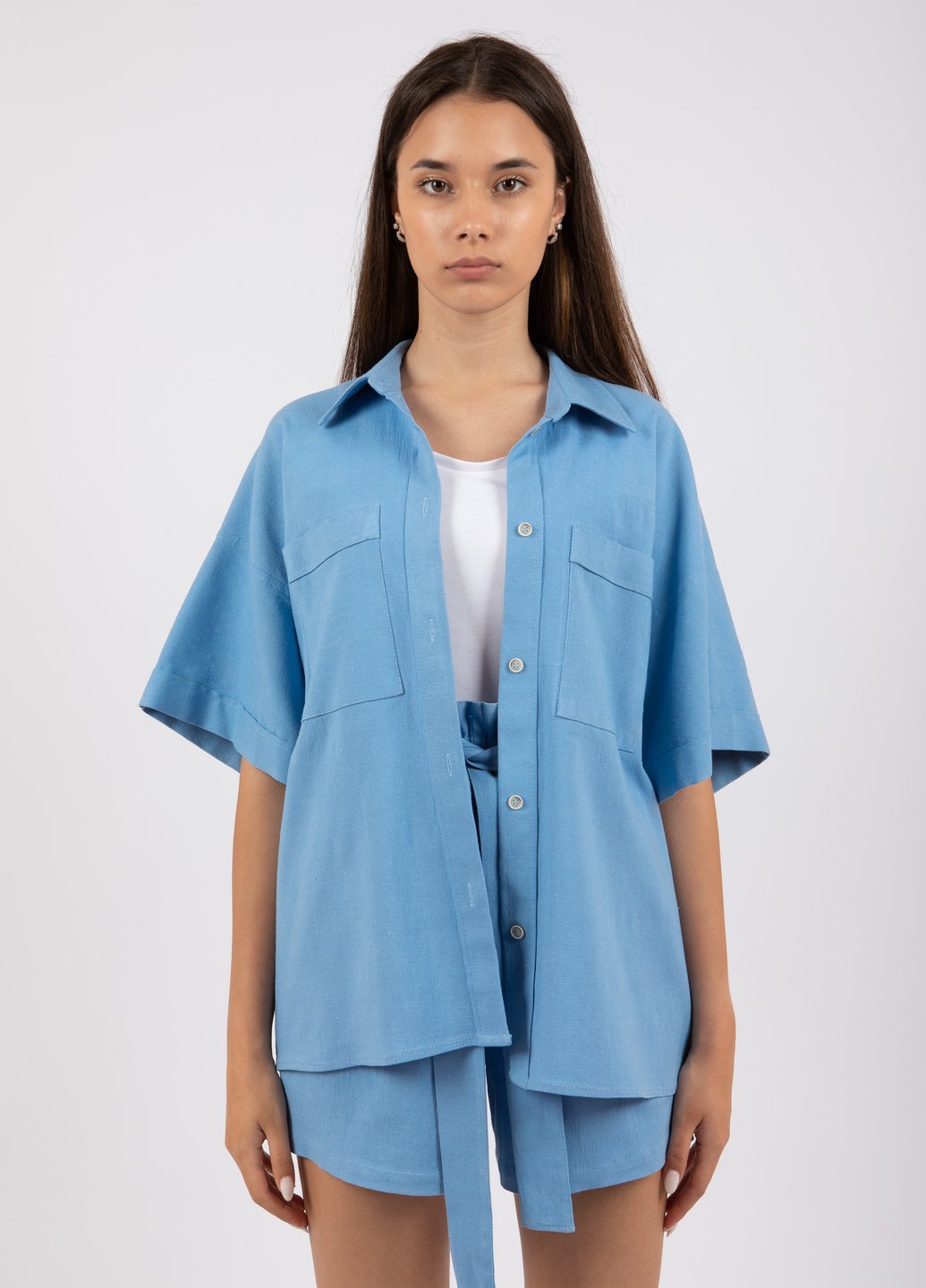 Купить Льняная оверсайз рубашка женская Merlini Касабланка 200000024 - Голубой, 46-48 в интернет-магазине