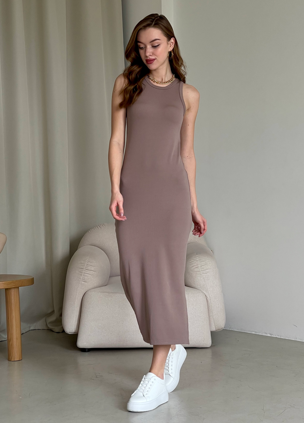 Купить Длинное платье-майка в рубчик цвета мокко Merlini Лонга 700000104 размер 42-44 (S-M) в интернет-магазине