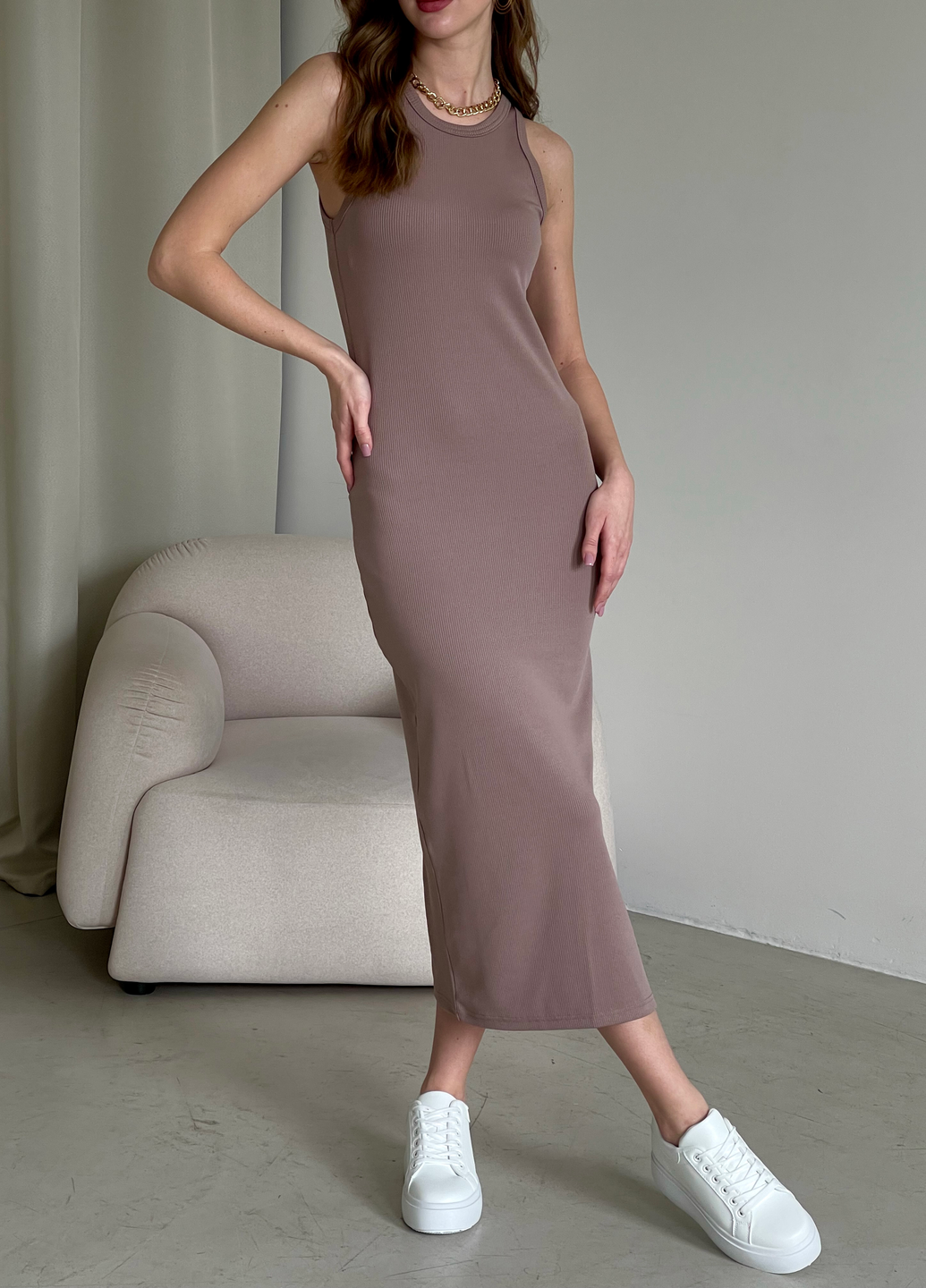 Купить Длинное платье-майка в рубчик цвета мокко Merlini Лонга 700000104 размер 42-44 (S-M) в интернет-магазине