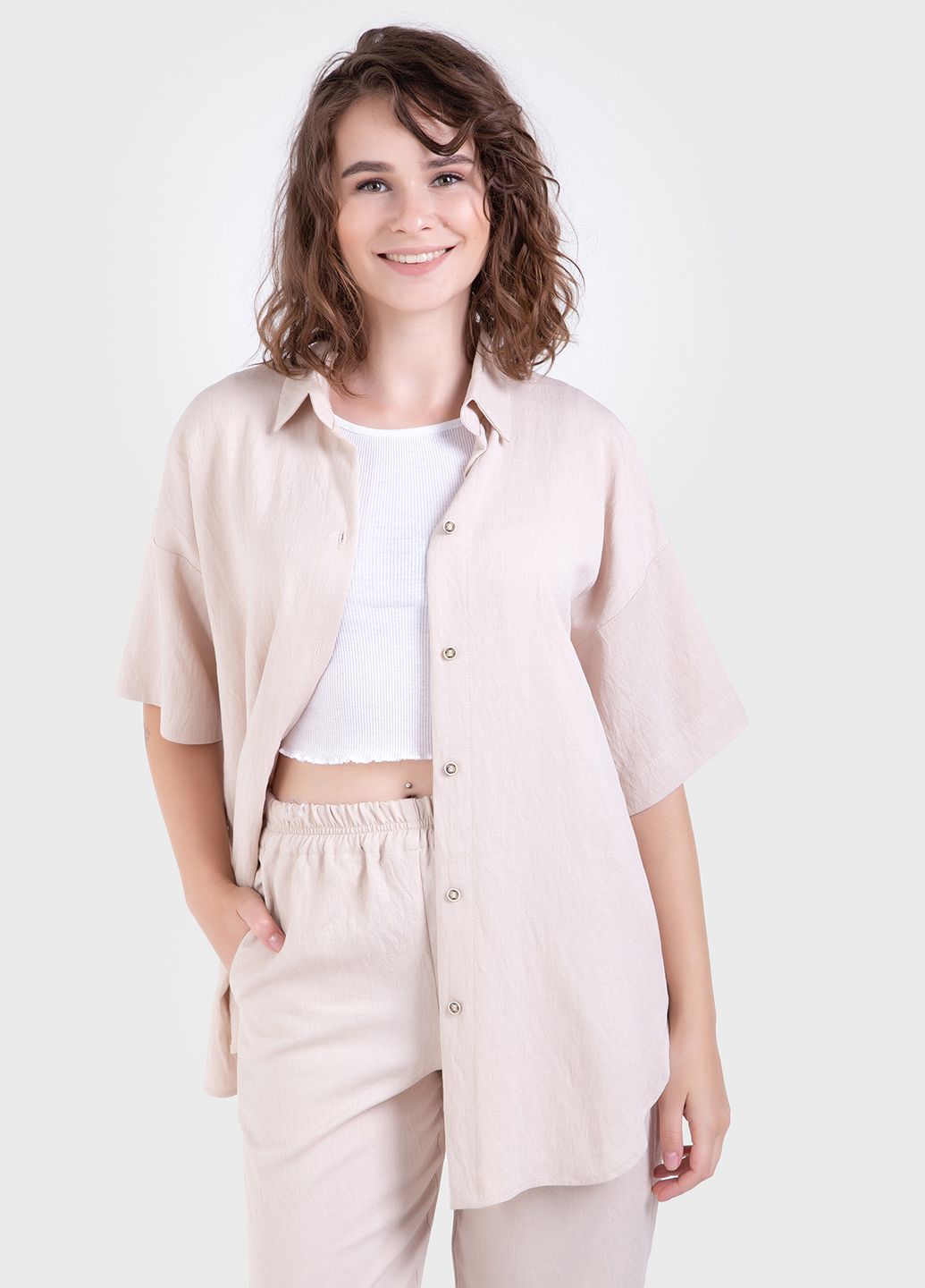 Купить Летний костюм женский двойка бежевого цвета: брюки, рубашка Merlini Авиано 100000153, размер 42-44 в интернет-магазине