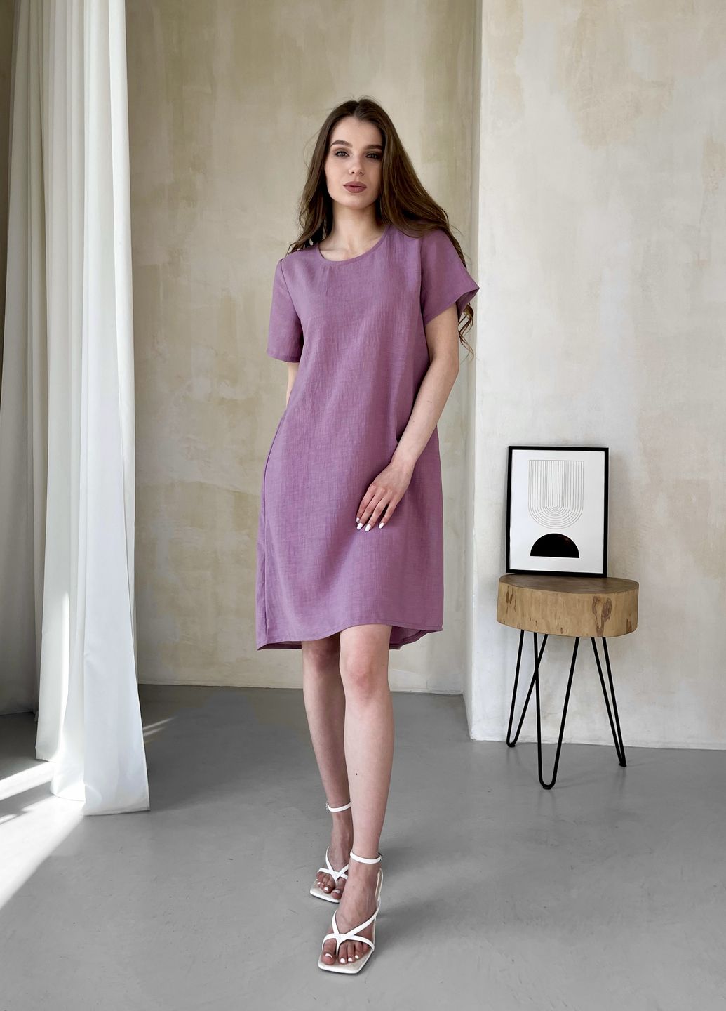 Купить Женское платье до колена однотонное с коротким рукавом из льна розовое Merlini Престо 700000182, размер 42-44 (S-M) в интернет-магазине