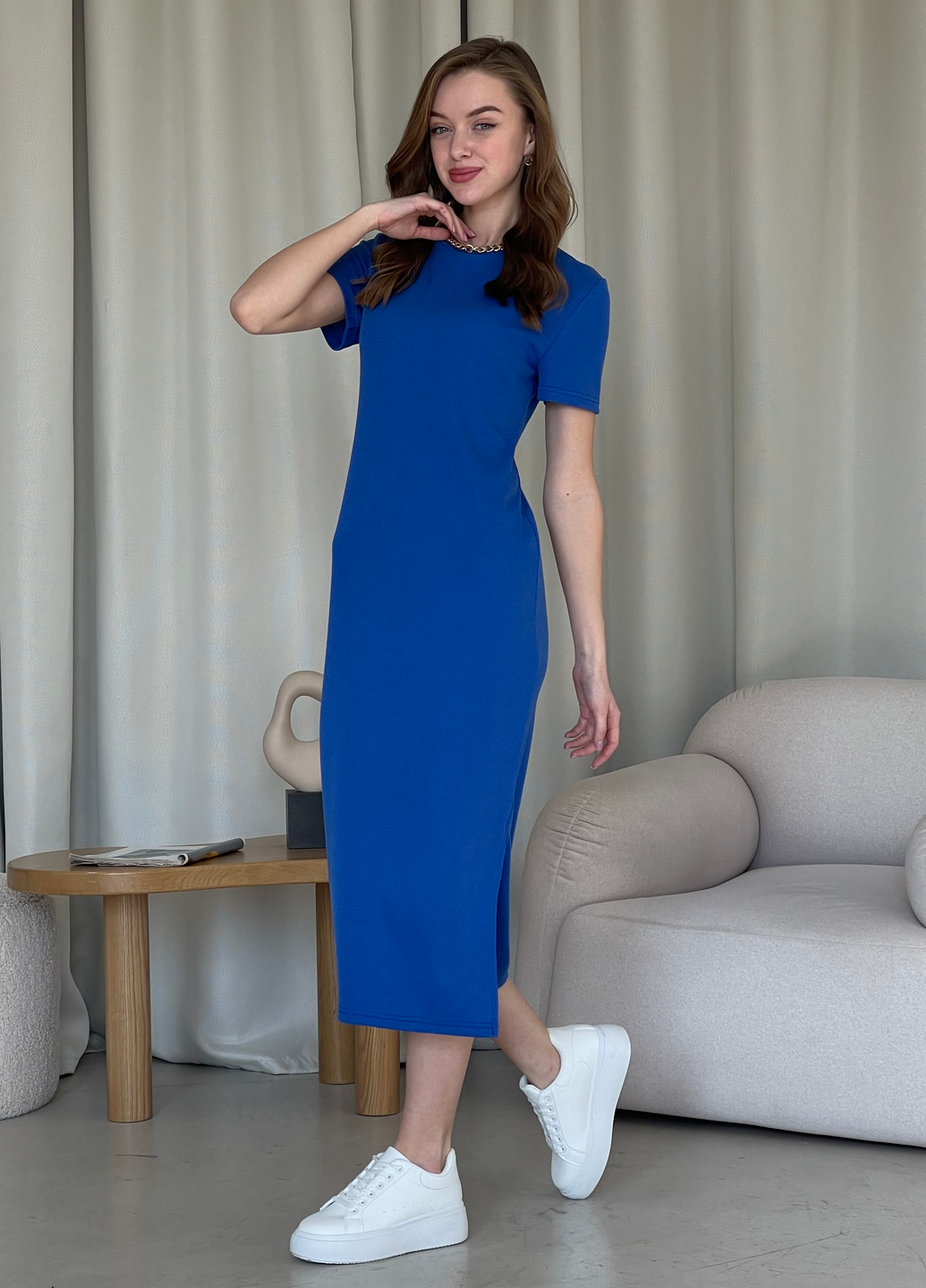 Купить Длинное платье-футболка в рубчик синее Merlini Кассо 700000127 размер 42-44 (S-M) в интернет-магазине