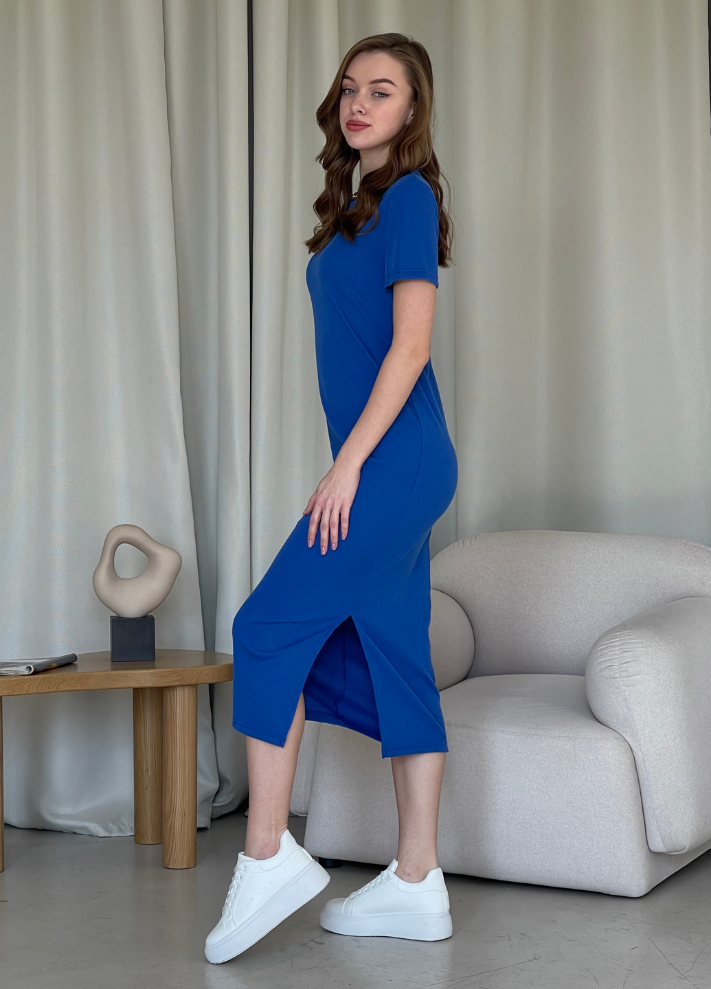 Купить Длинное платье-футболка в рубчик синее Merlini Кассо 700000127 размер 42-44 (S-M) в интернет-магазине
