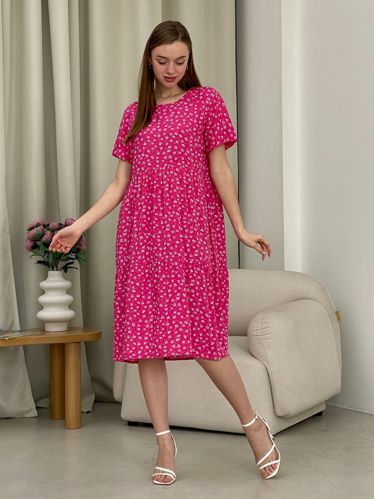 Купить Летнее платье с рюшами в цветочек розовое Merlini Казерта 700001263 размер 42-44 (S-M) в интернет-магазине