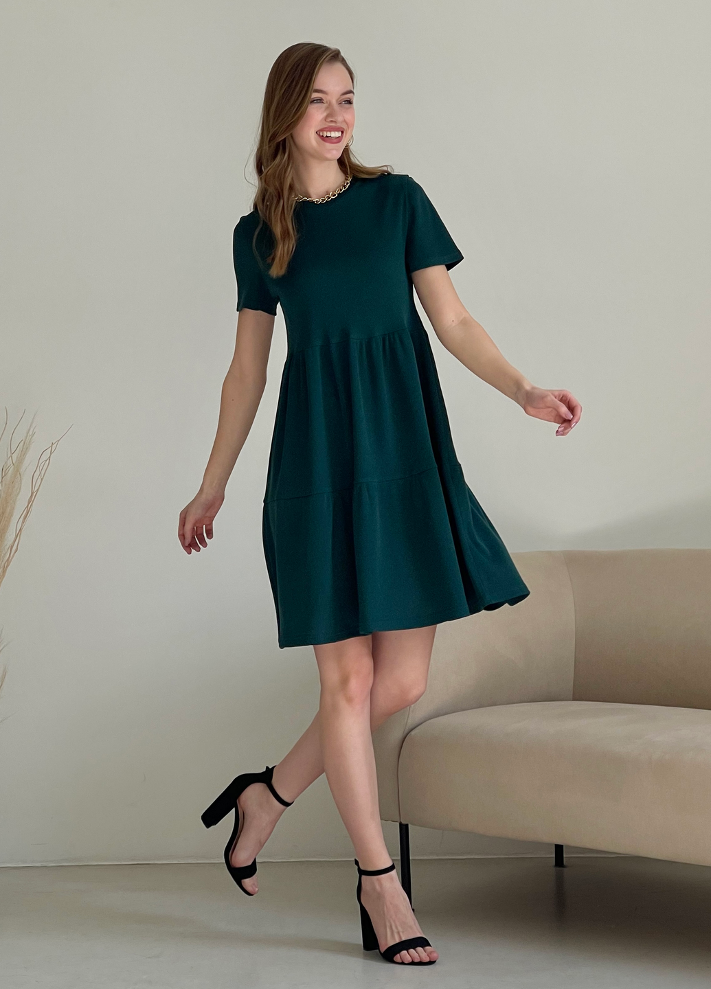 Купить Свободное платье трапеция миди зеленое Merlini Маркони 700001232 размер 42-44 (S-M) в интернет-магазине
