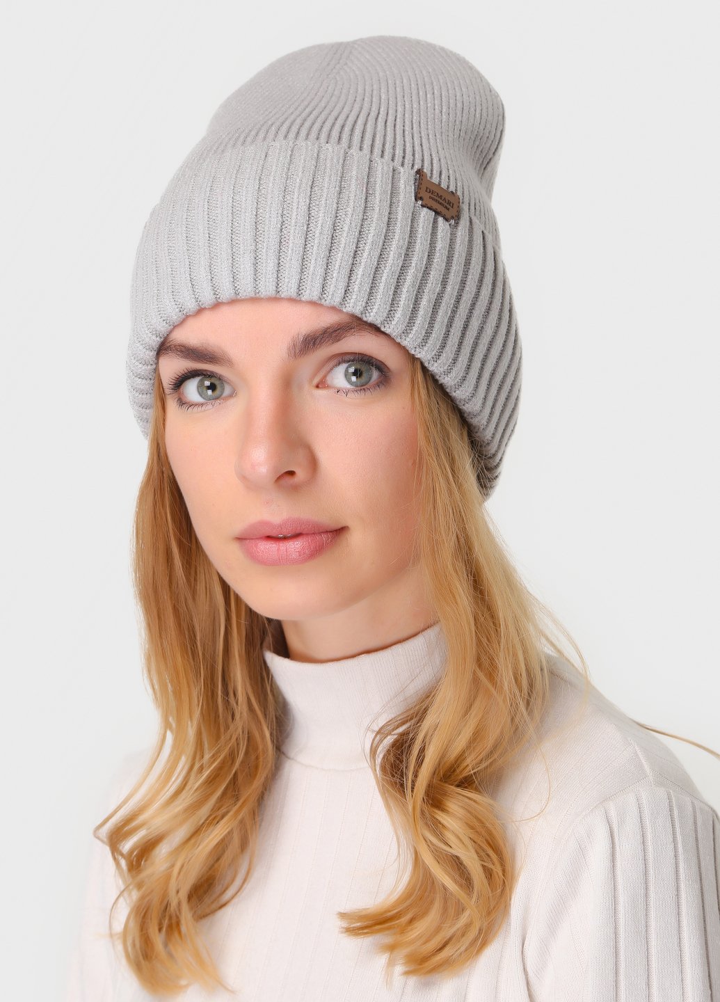 Купить Теплая зимняя кашемировая шапка с отворотом без подкладки DeMari Роуз 500001 - Серый в интернет-магазине