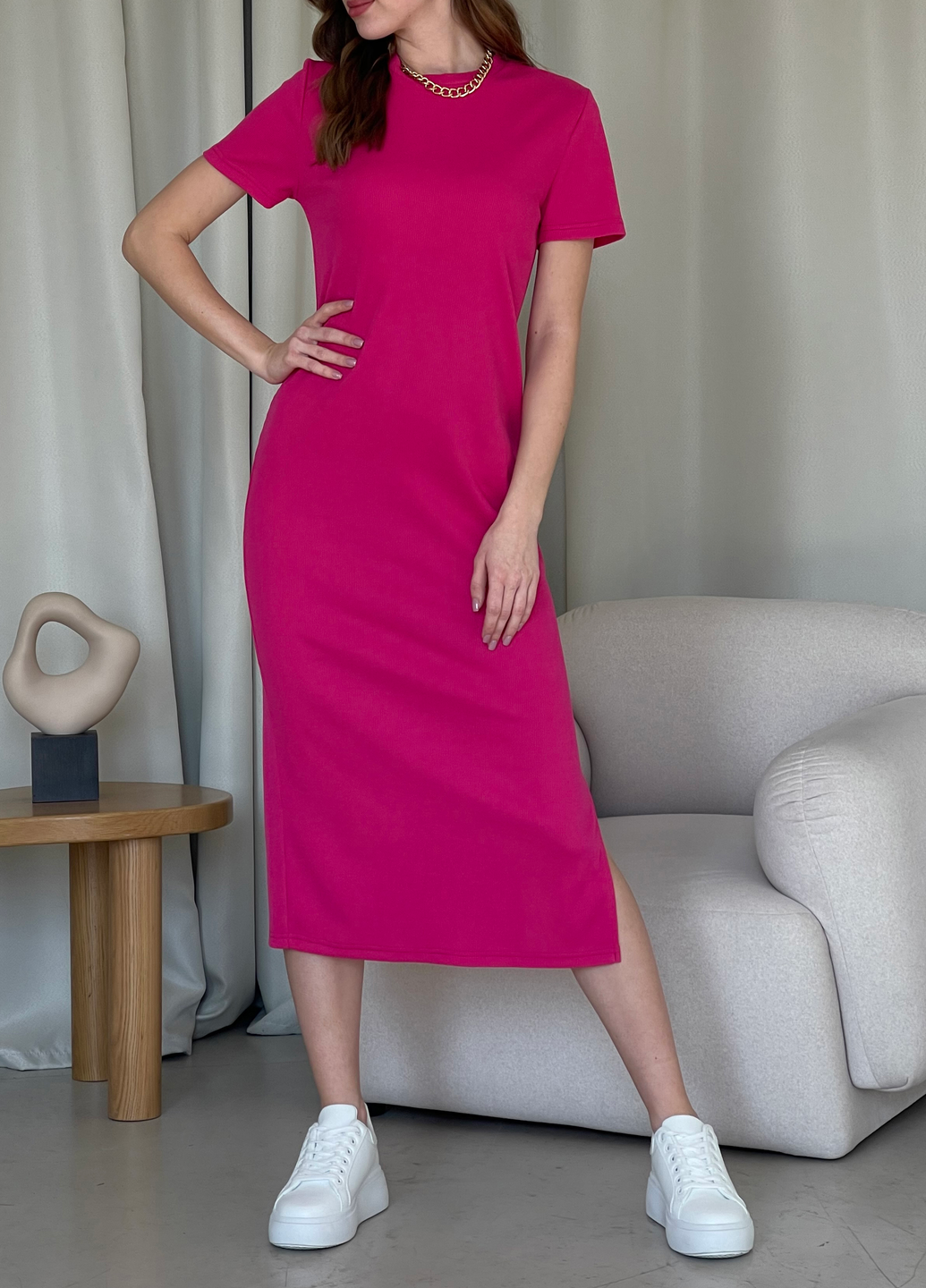 Купить Длинное платье-футболка в рубчик розовое Merlini Кассо 700000128 размер 42-44 (S-M) в интернет-магазине