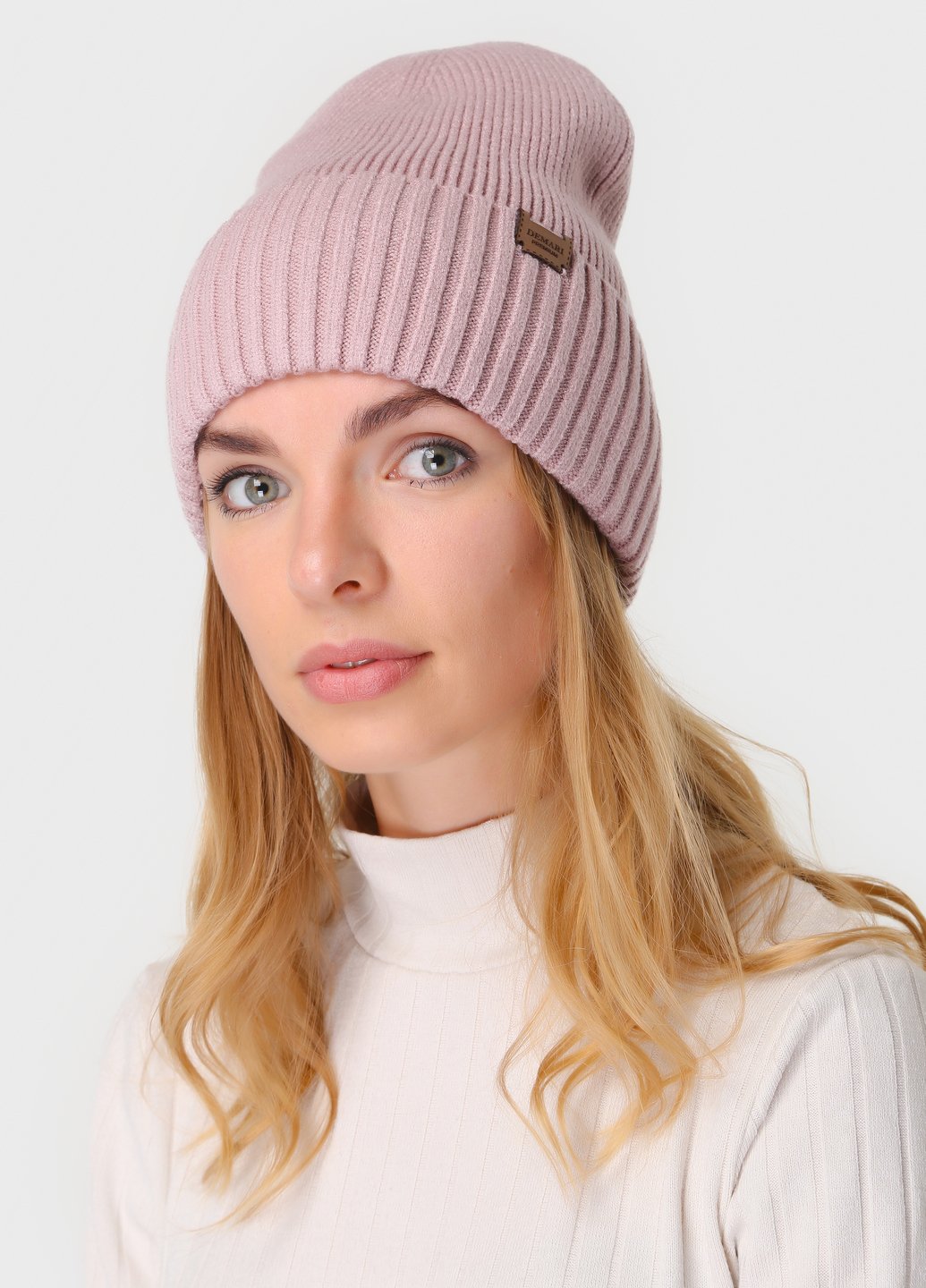 Купить Теплая зимняя кашемировая шапка с отворотом без подкладки DeMari Роуз 500002 - Пудровый в интернет-магазине