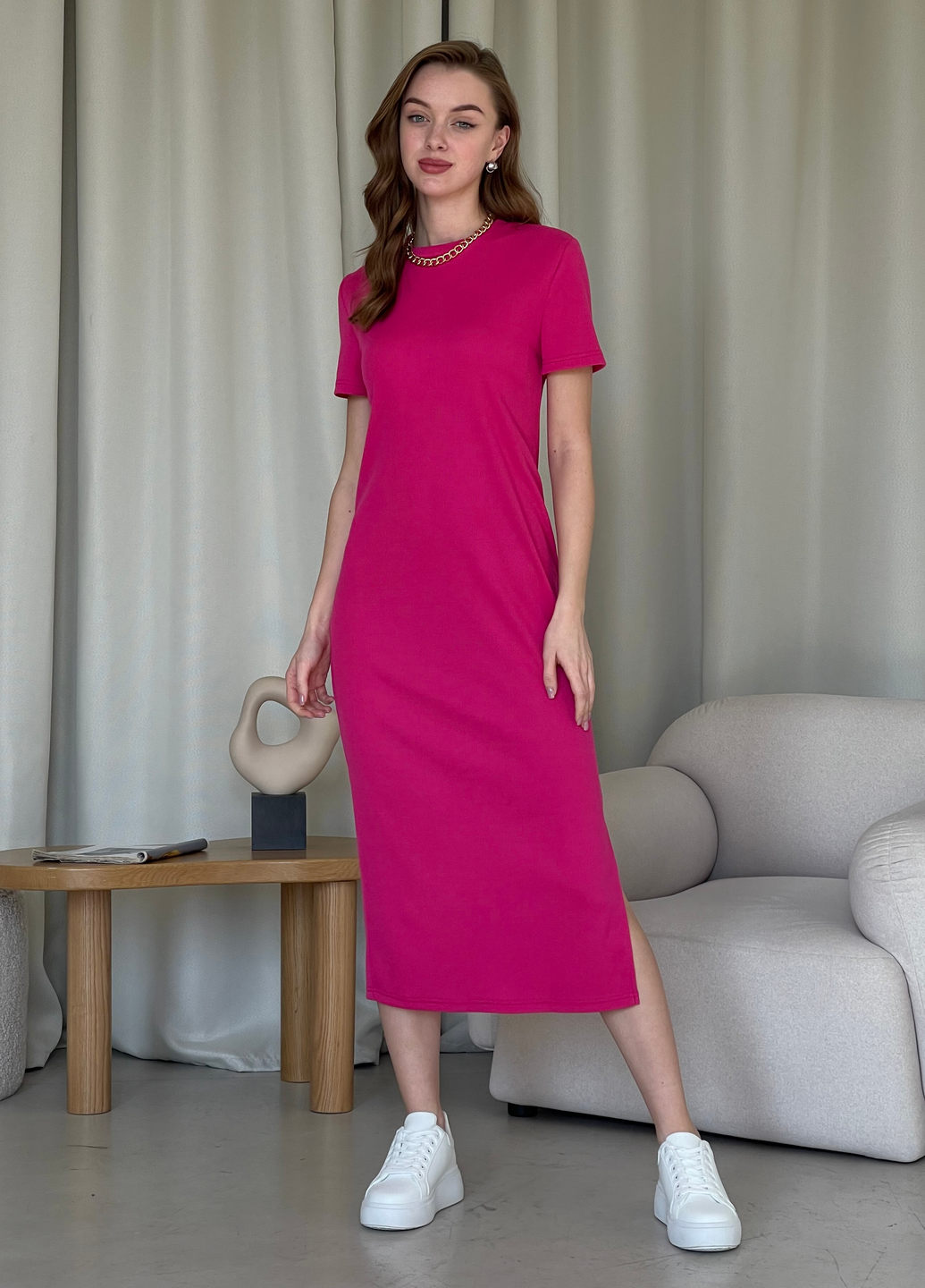 Купити Довга сукня-футболка в рубчик рожеве Merlini Кассо 700000128 розмір 42-44 (S-M) в інтернет-магазині
