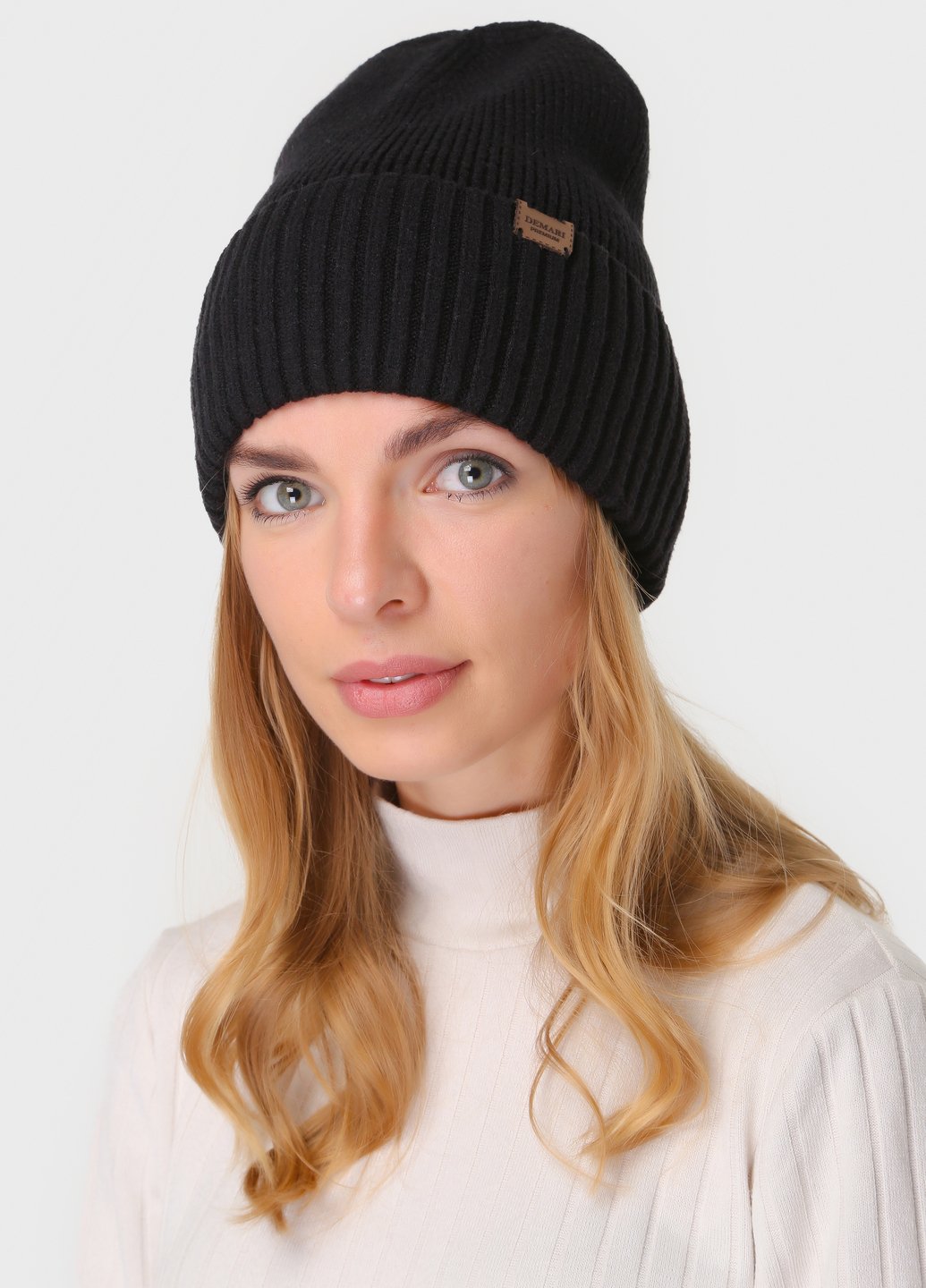 Купить Теплая зимняя кашемировая шапка с отворотом без подкладки DeMari Роуз 500003 - Черный в интернет-магазине