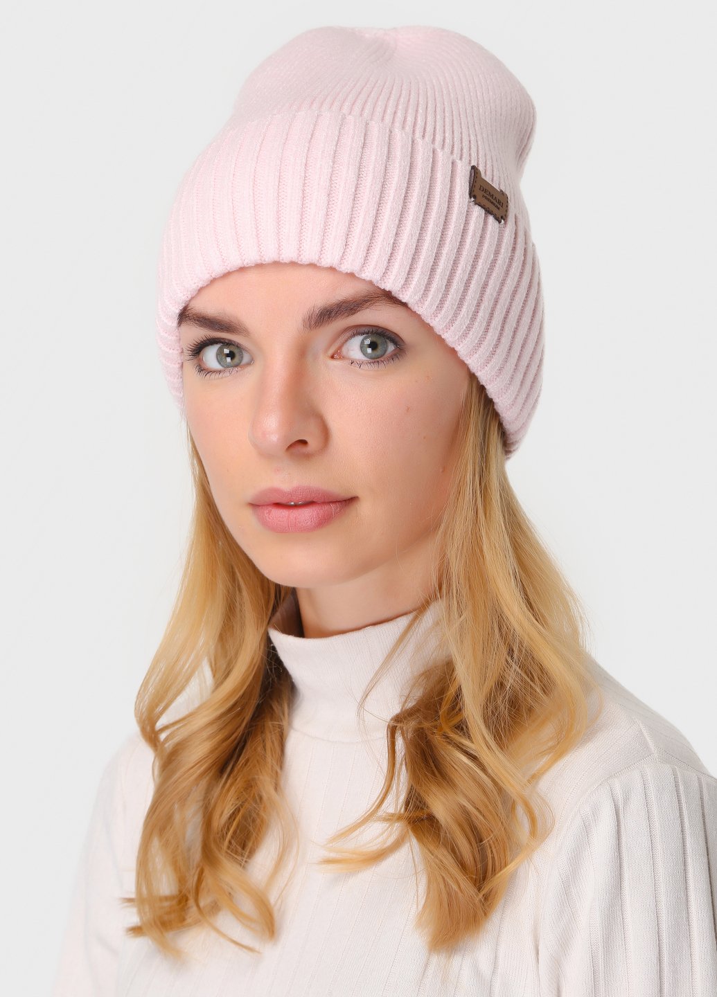 Купить Теплая зимняя кашемировая шапка с отворотом без подкладки DeMari Роуз 500004 - Розовый в интернет-магазине
