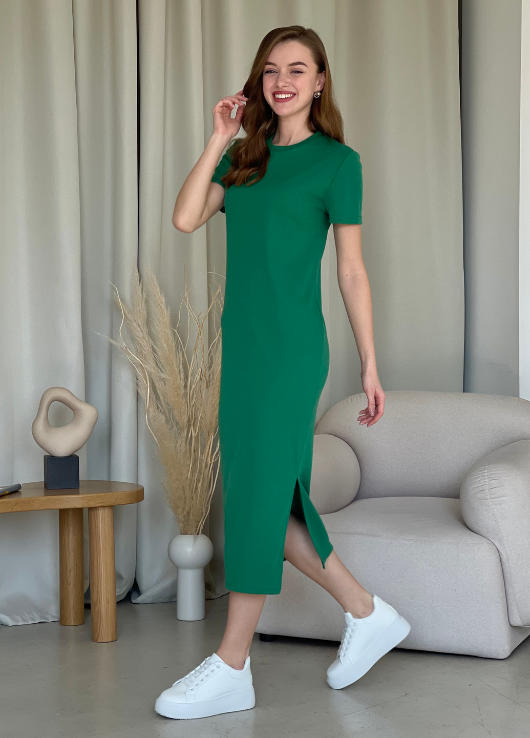 Купить Длинное платье-футболка в рубчик зеленое Merlini Кассо 700000129 размер 42-44 (S-M) в интернет-магазине