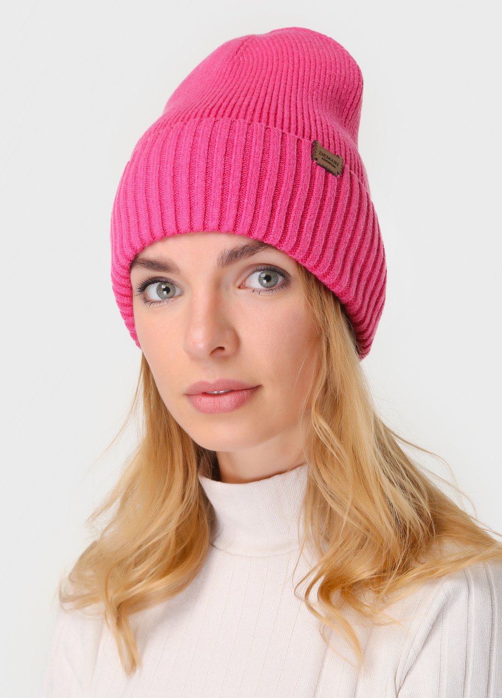 Купить Теплая зимняя кашемировая шапка с отворотом без подкладки DeMari Роуз 500005 - Малиновый в интернет-магазине