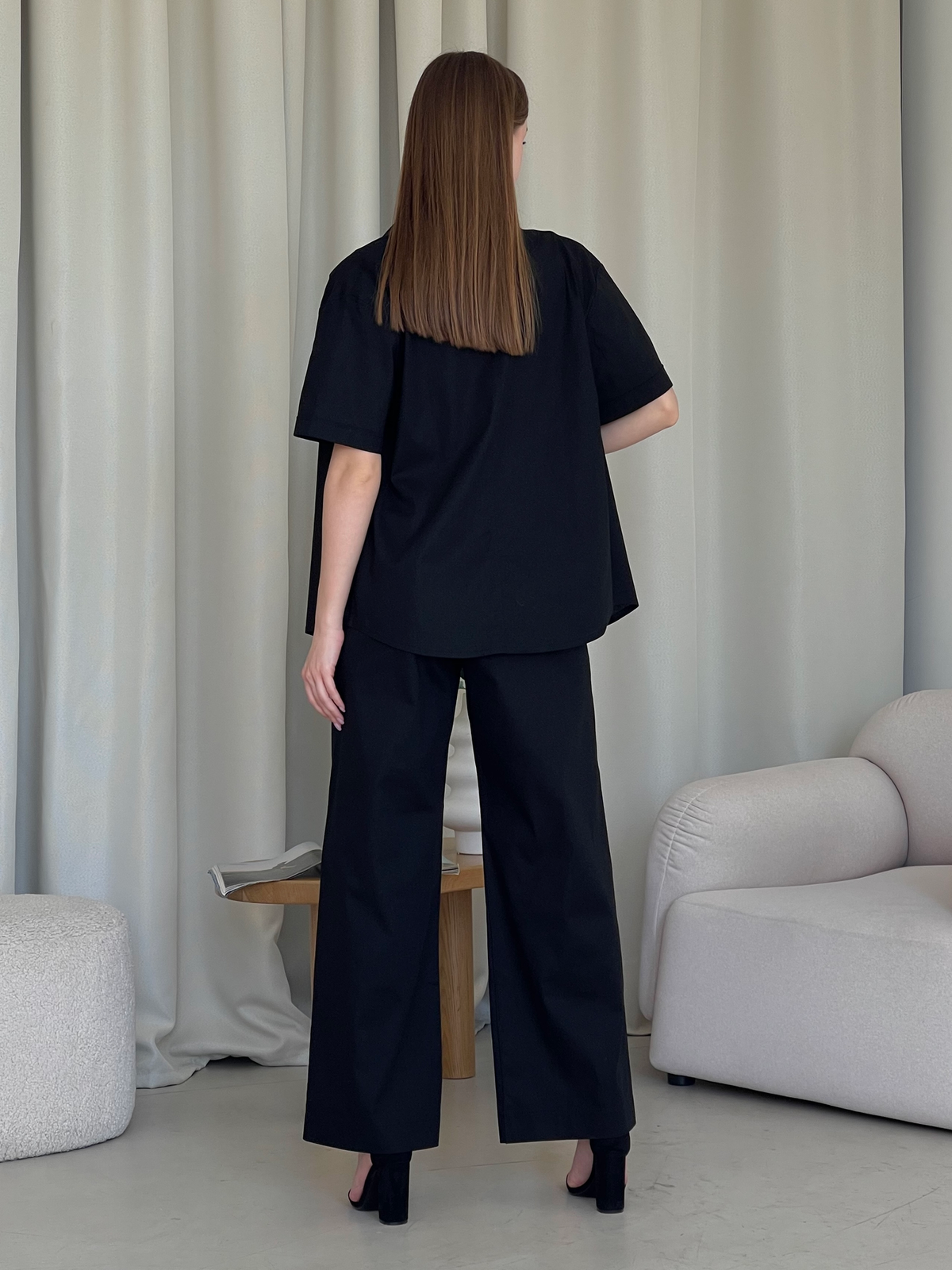 Купить Льняной костюм с штанами палаццо и рубашкой черный Merlini Лорен 100001201 размер 42-44 (S-M) в интернет-магазине