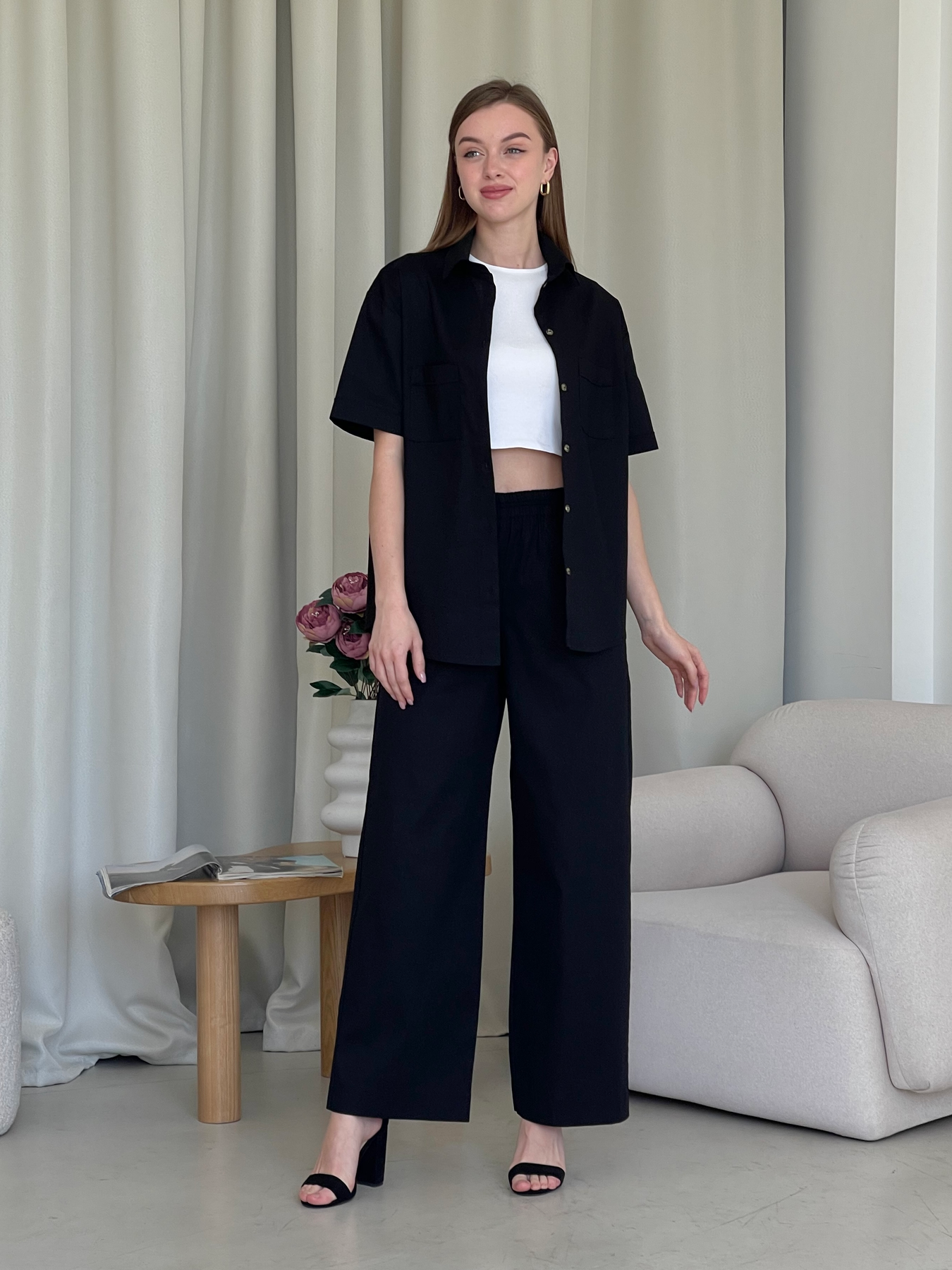 Купити Льняний костюм з брюками палаццо та сорочкою чорний Merlini Лорен 100001201 розмір 50-52 (2XL-3XL) в інтернет-магазині