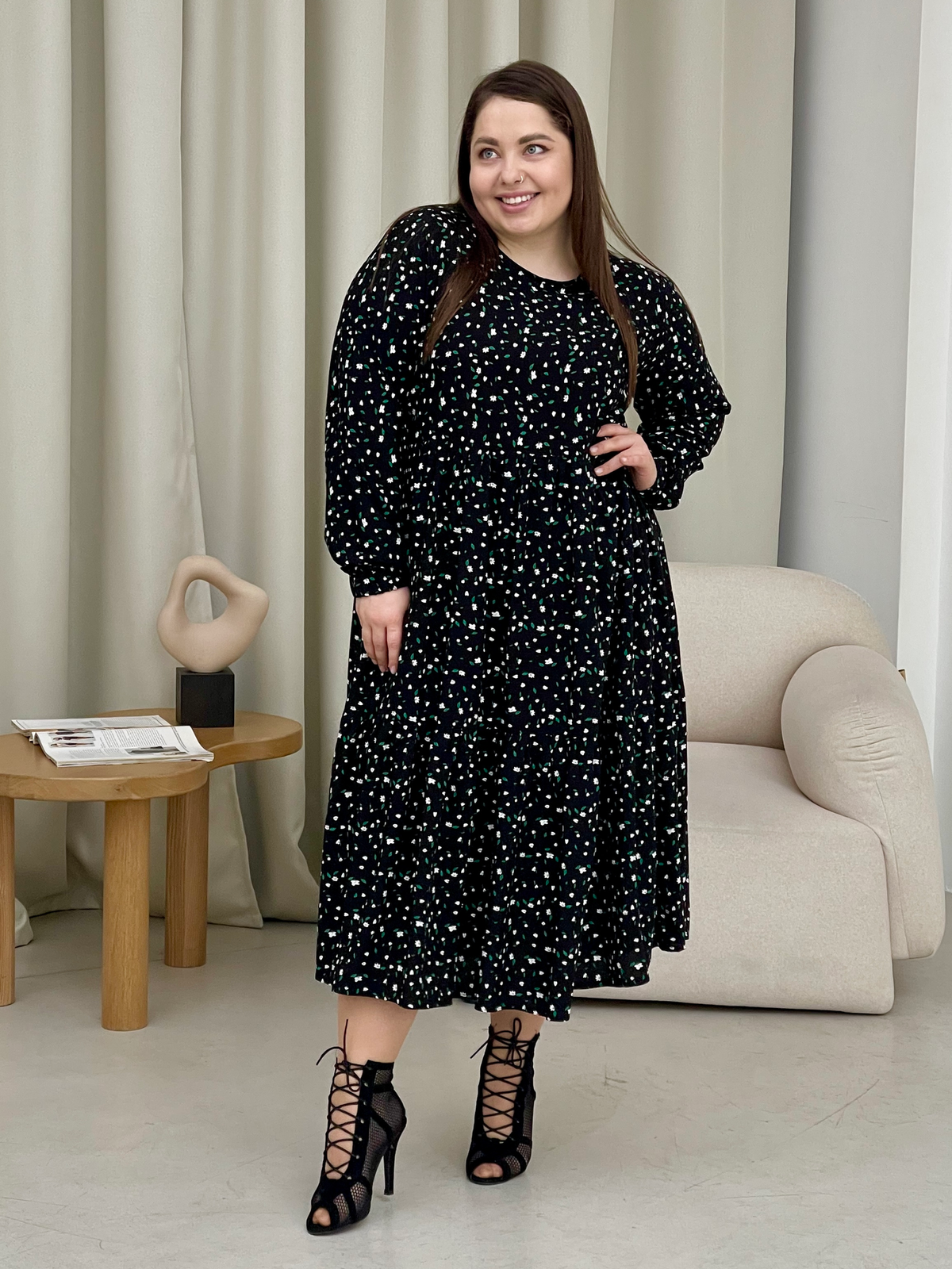 Купить Длинное платье в цветочек из штапеля с длинным рукавом Merlini Корсо 700001184, размер 42-44 (S-M) в интернет-магазине