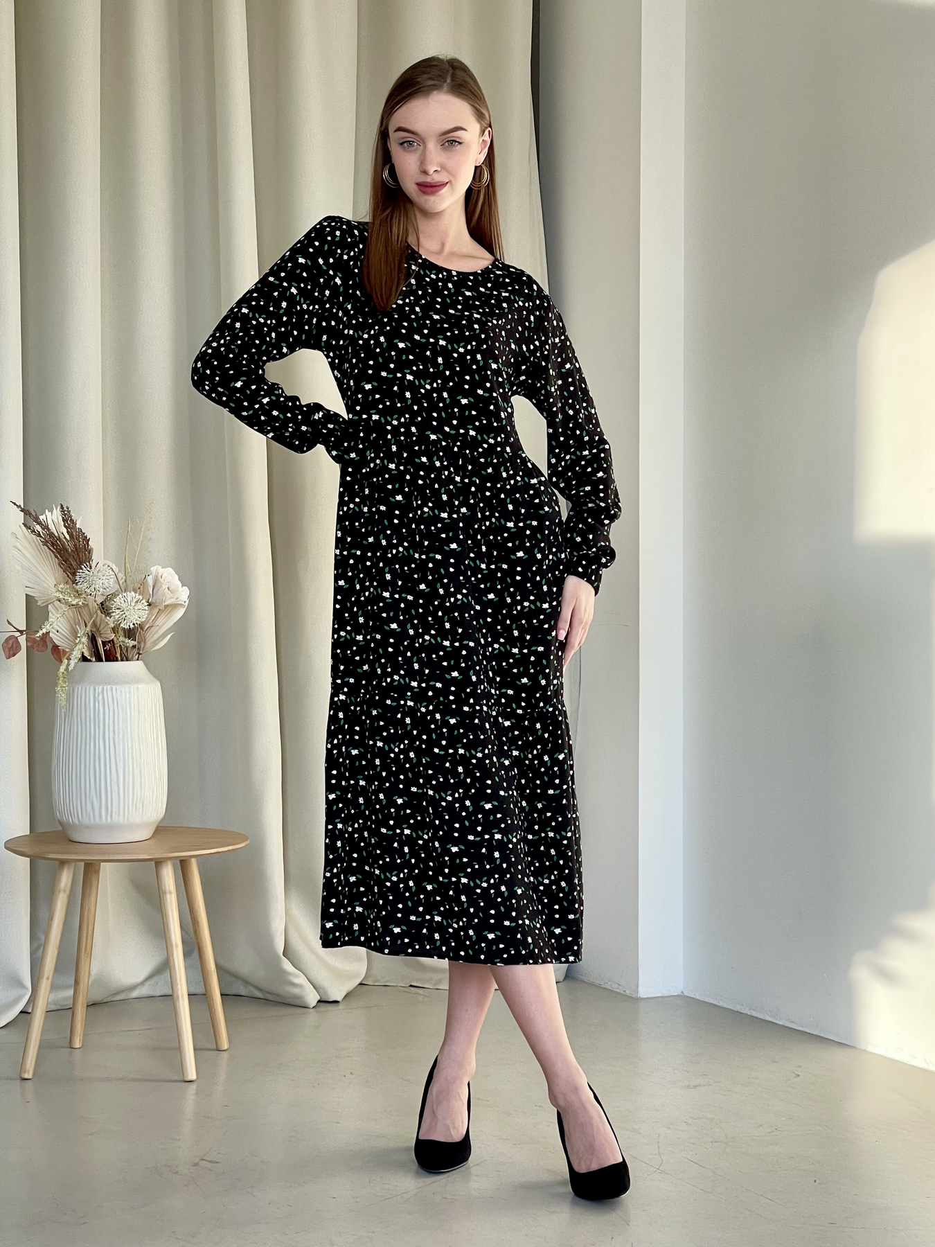 Купить Длинное платье в цветочек из штапеля с длинным рукавом Merlini Корсо 700001184, размер 42-44 (S-M) в интернет-магазине