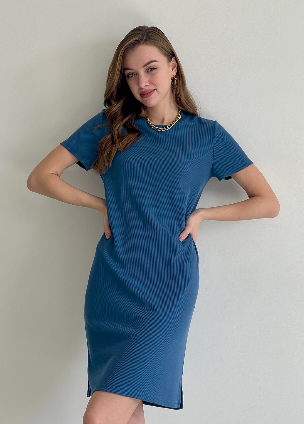 Купити Сукня-футболка до коліна в рубчик синє Merlini Мілан 700000151 розмір 42-44 (S-M) в інтернет-магазині