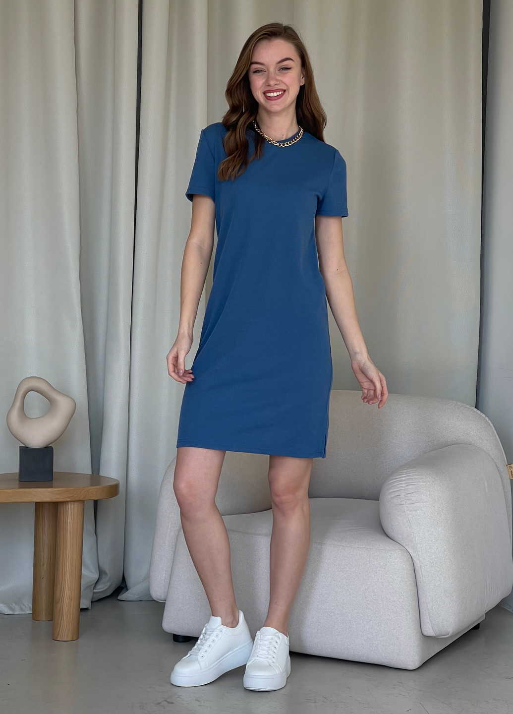 Купить Платье-футболка до колена в рубчик синее Merlini Милан 700000151 размер 42-44 (S-M) в интернет-магазине