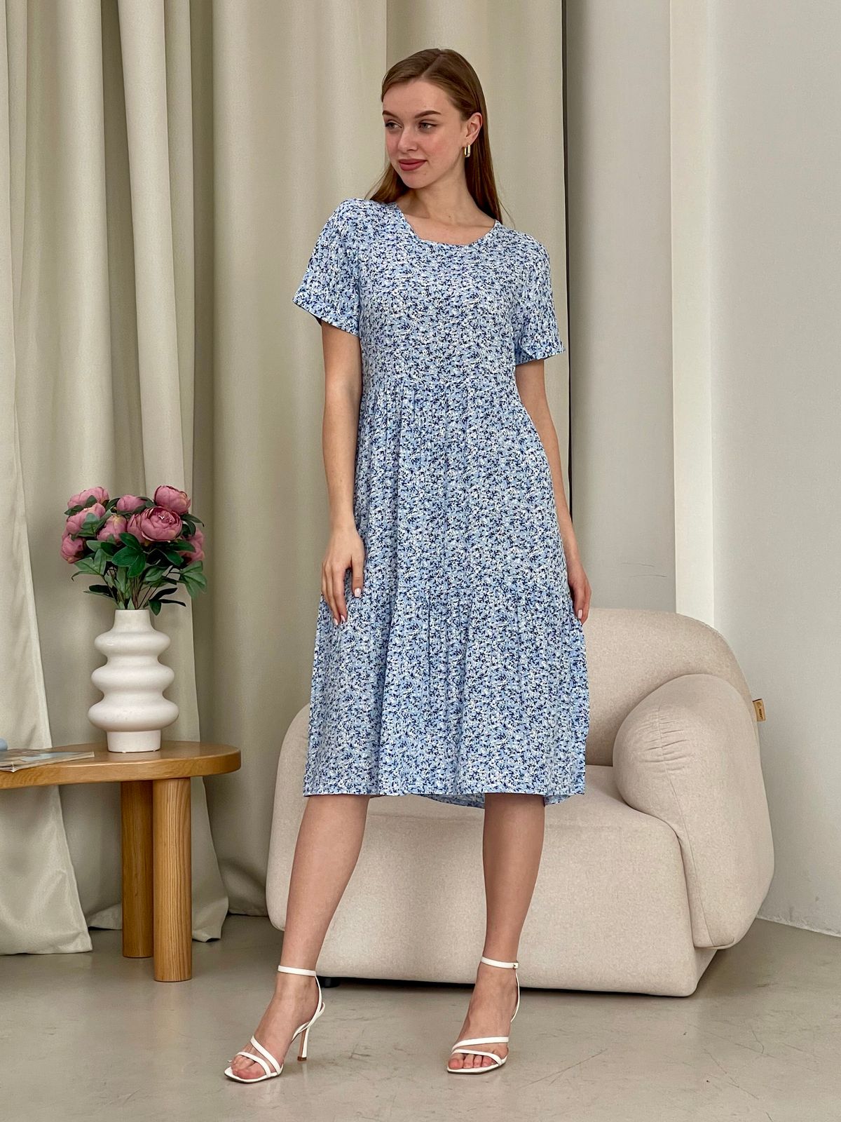Купить Летнее платье с рюшами в цветочек голубое Merlini Казерта 700001265 размер 42-44 (S-M) в интернет-магазине