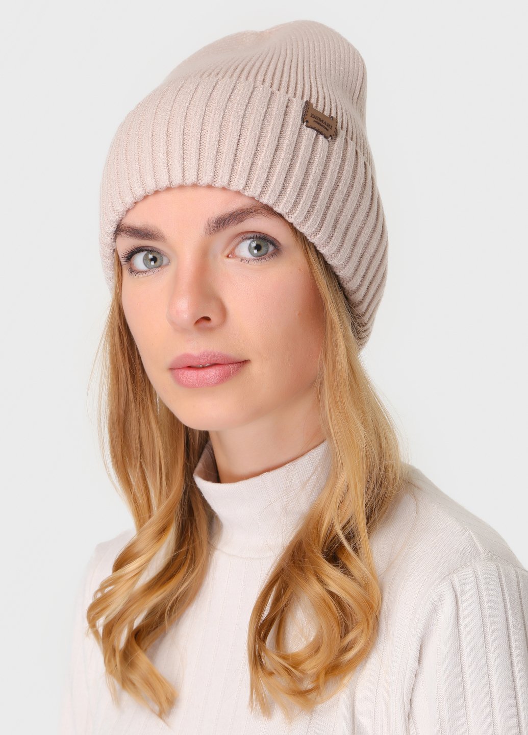 Купить Теплая зимняя кашемировая шапка с отворотом без подкладки DeMari Роуз 500009 - Светло-бежевый в интернет-магазине