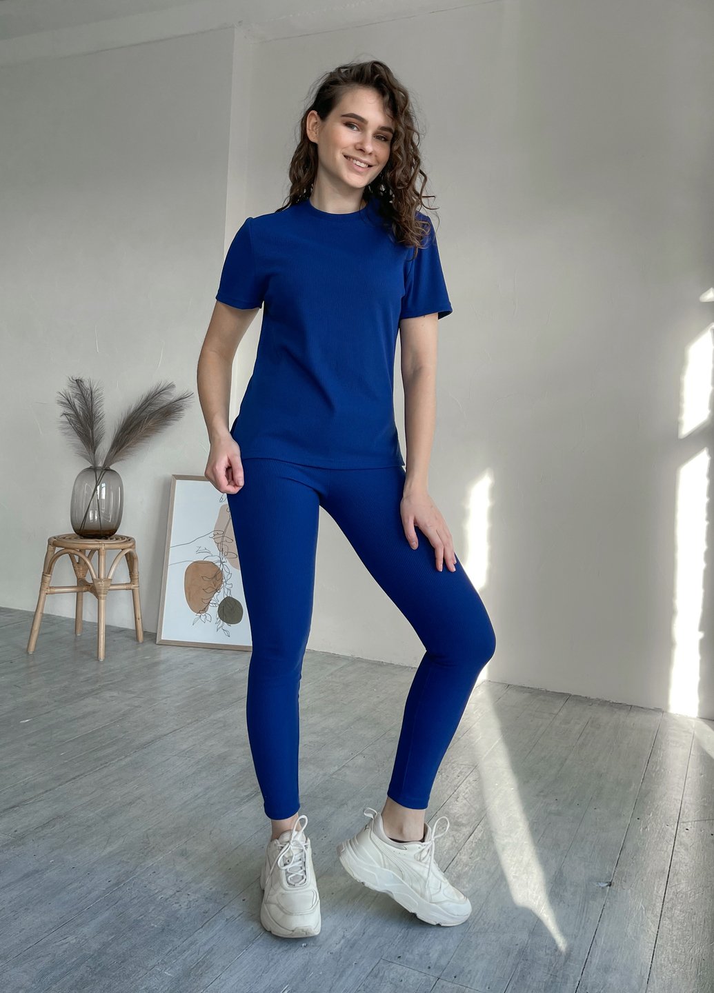 Купить Костюм женский в рубчик футболка с лосинами синий Merlini Сантино 100000507, размер XS-M (40-44) в интернет-магазине