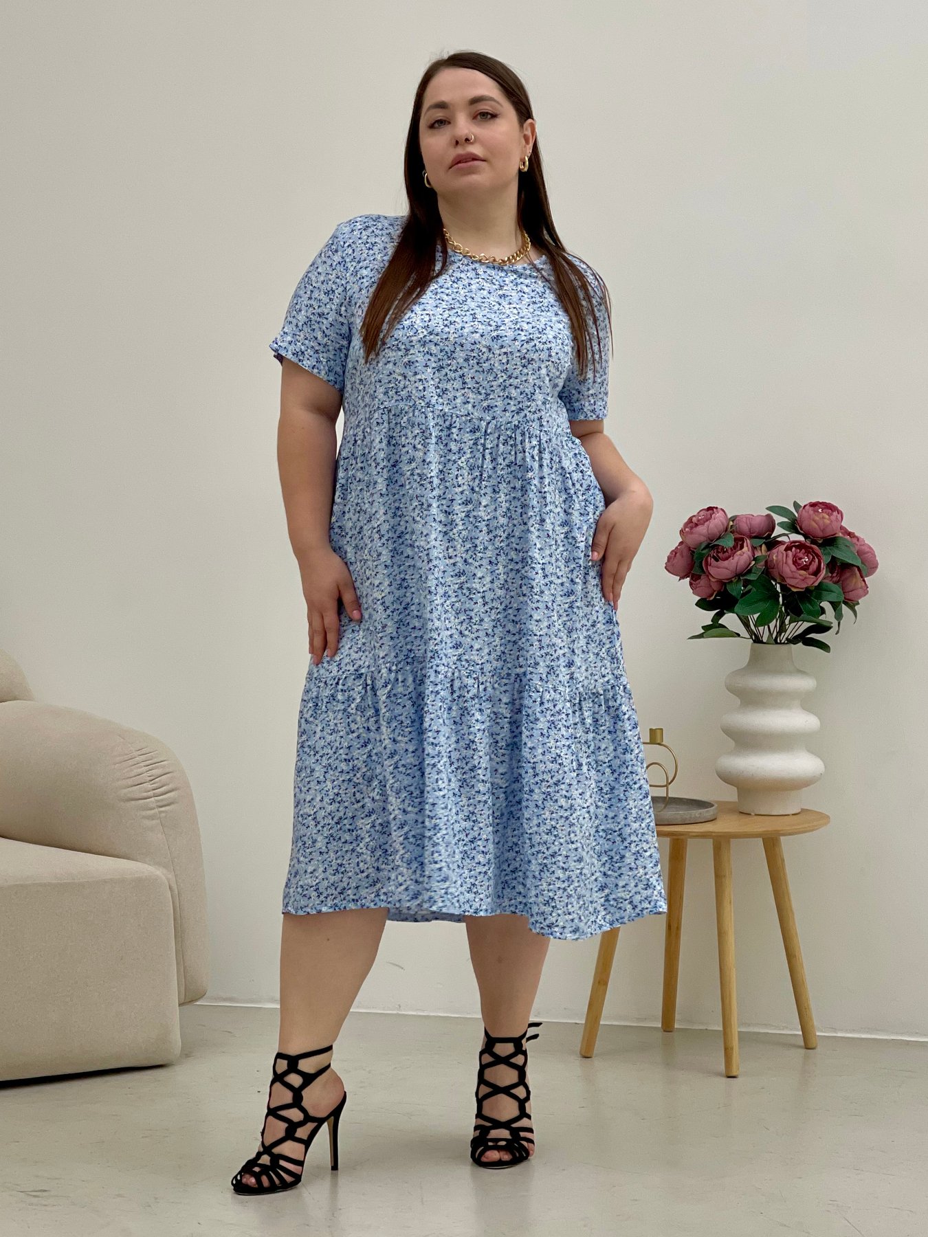 Купить Летнее платье с рюшами в цветочек голубое Merlini Казерта 700001265 размер 50-52 (2XL-3XL) в интернет-магазине