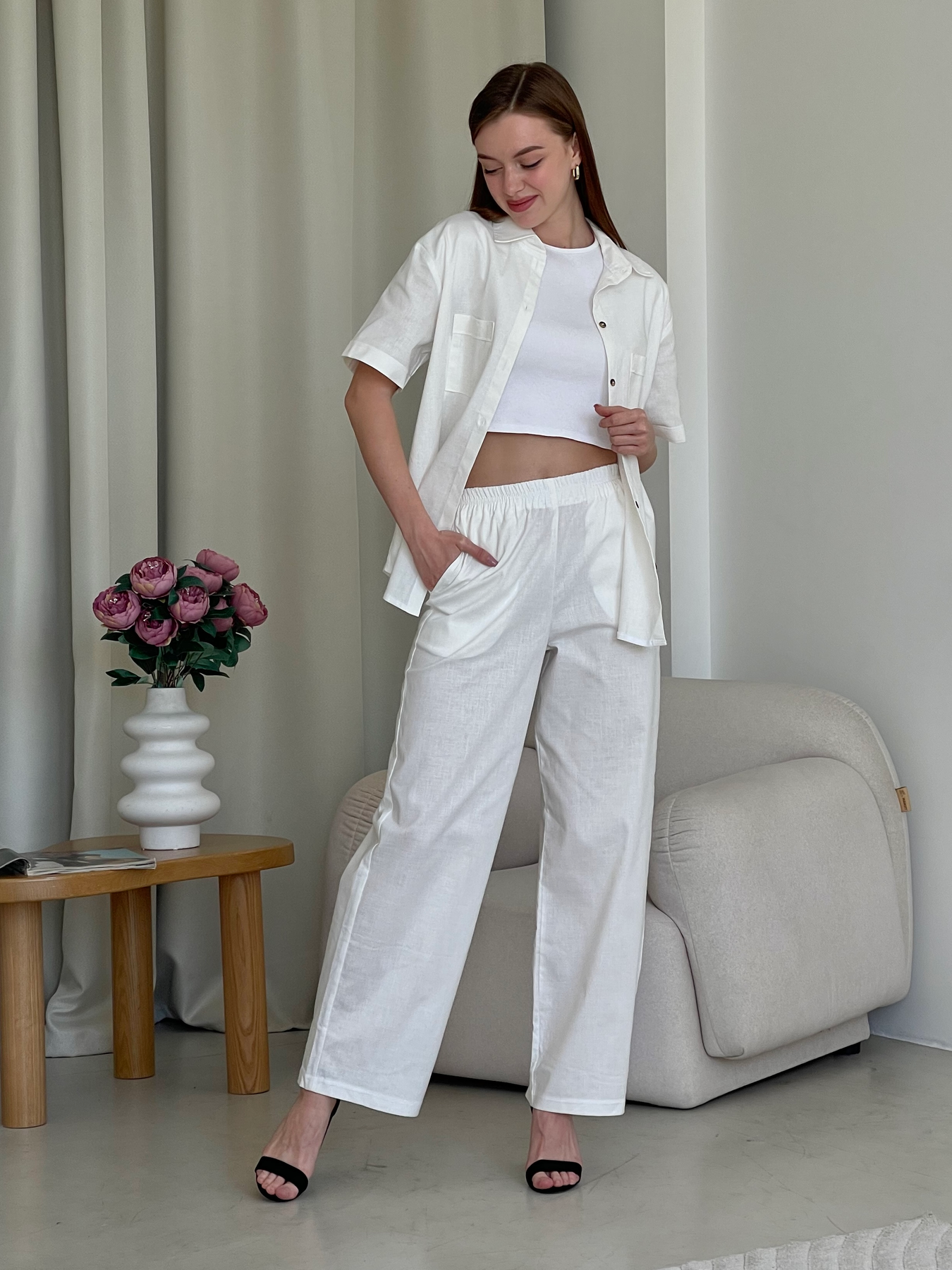 Купить Льняной костюм с штанами палаццо и рубашкой белый Лорен 100001202 размер 46-48 (L-XL) в интернет-магазине