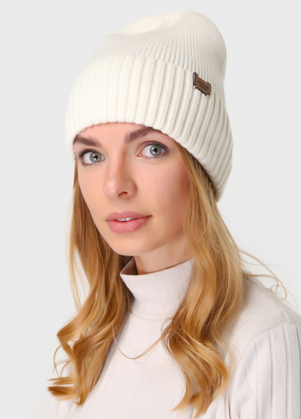 Купить Теплая зимняя кашемировая шапка с отворотом без подкладки DeMari Роуз 500010 - Молочный в интернет-магазине