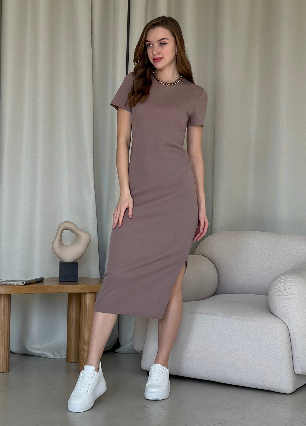 Купити Довга сукня-футболка в рубчик кольори мокко Merlini Кассо 700000124 розмір 42-44 (S-M) в інтернет-магазині
