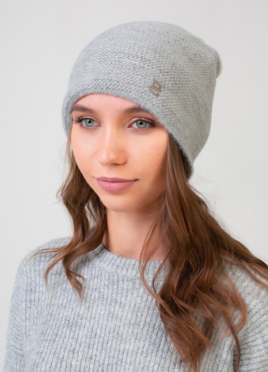 Купить Зимняя ангоровая женская шапка на флисовой подкладке DeMari Вельвет 551116 - Серый в интернет-магазине