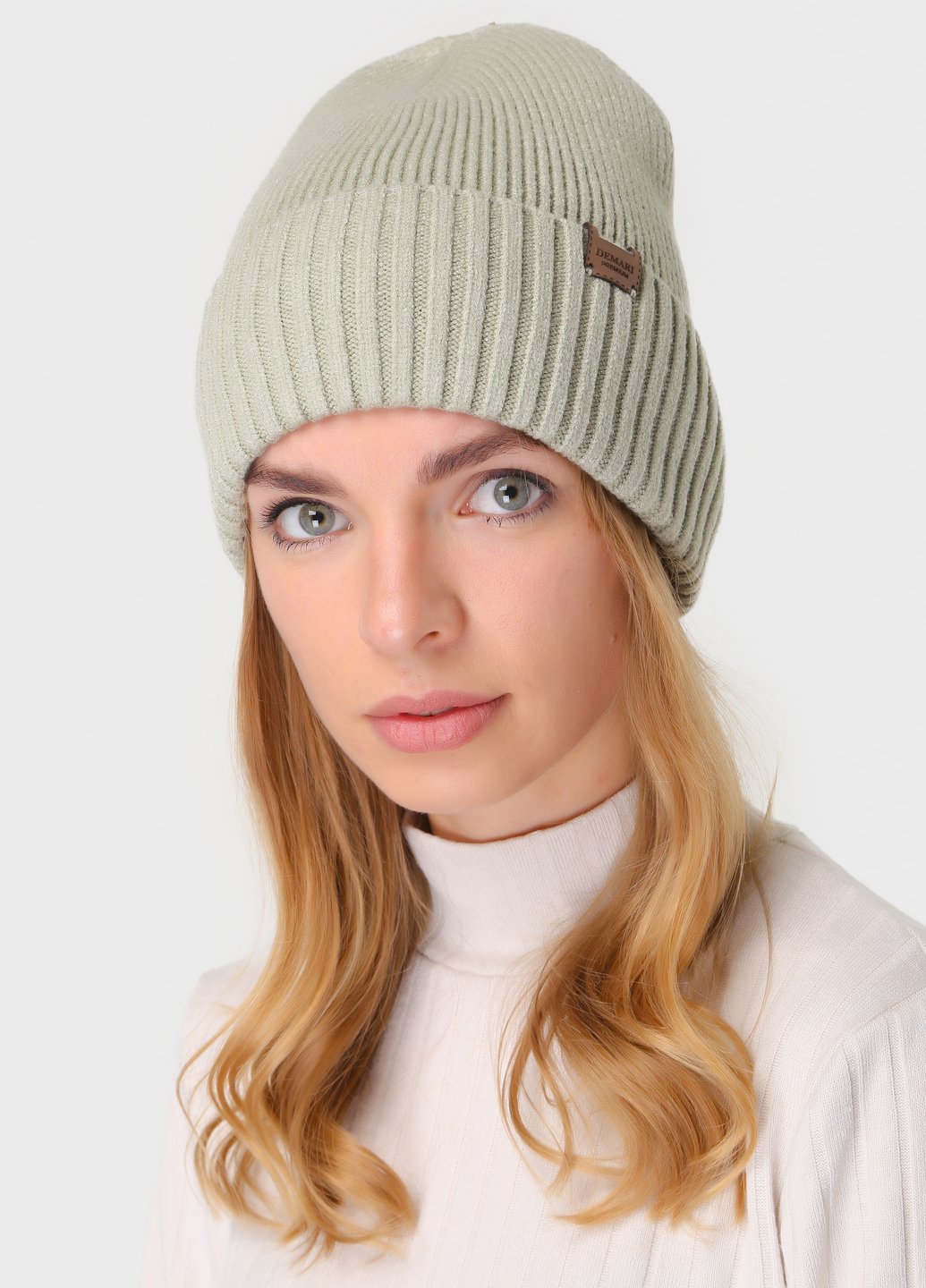Купить Теплая зимняя кашемировая шапка с отворотом без подкладки DeMari Роуз 500011 - Оливковый в интернет-магазине