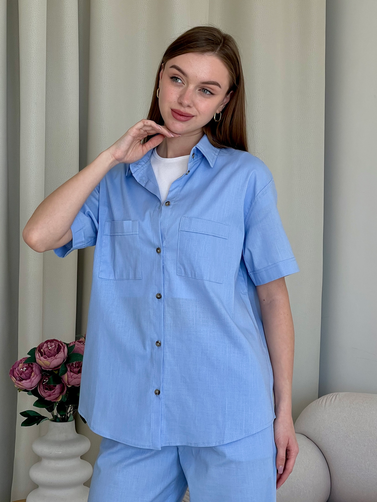 Купить Льняная рубашка с коротким рукавом голубая Merlini Нино 200001207 размер 42-44 (S-M) в интернет-магазине