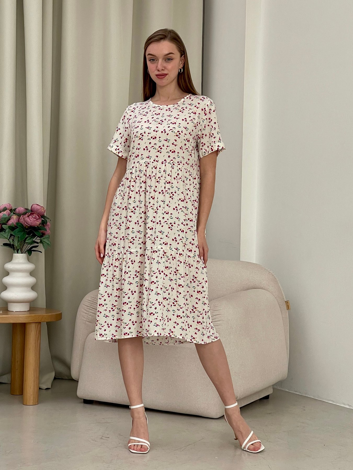 Купити Літня сукня з рюшами в квіточку біла Merlini Казерта 700001266 розмір 42-44 (S-M) в інтернет-магазині
