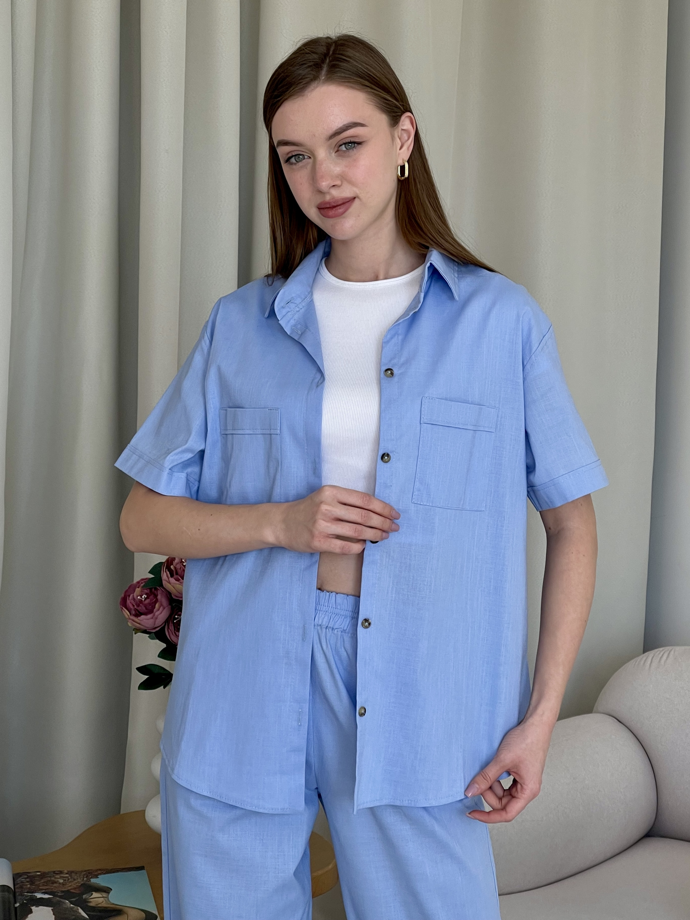 Купить Льняная рубашка с коротким рукавом голубая Merlini Нино 200001207 размер 42-44 (S-M) в интернет-магазине