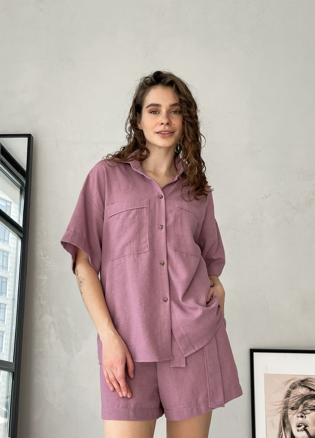 Купить Женская льняная рубашка с коротким рукавом розовая Merlini Фриули 200000144, размер 42-44 в интернет-магазине