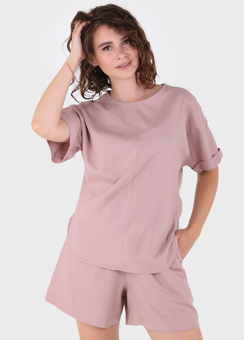 Купить Оверсайз льняная футболка женская пудрового цвета Merlini Лацио 800000036, размер 42-44 в интернет-магазине