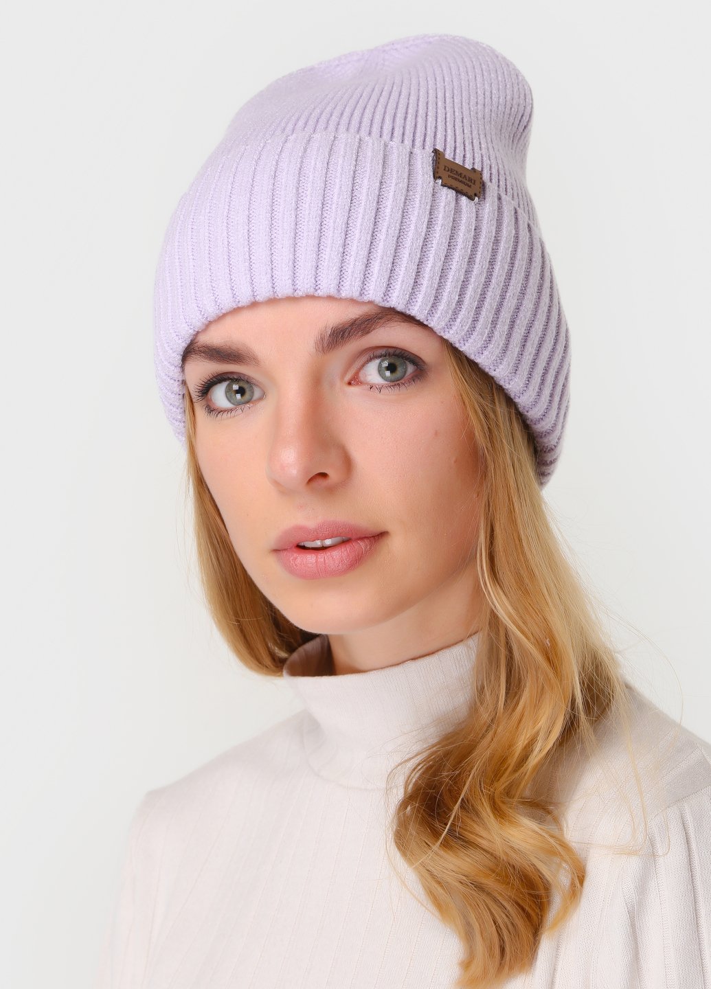 Купить Теплая зимняя кашемировая шапка с отворотом без подкладки DeMari Роуз 500012 - Сиреневый в интернет-магазине