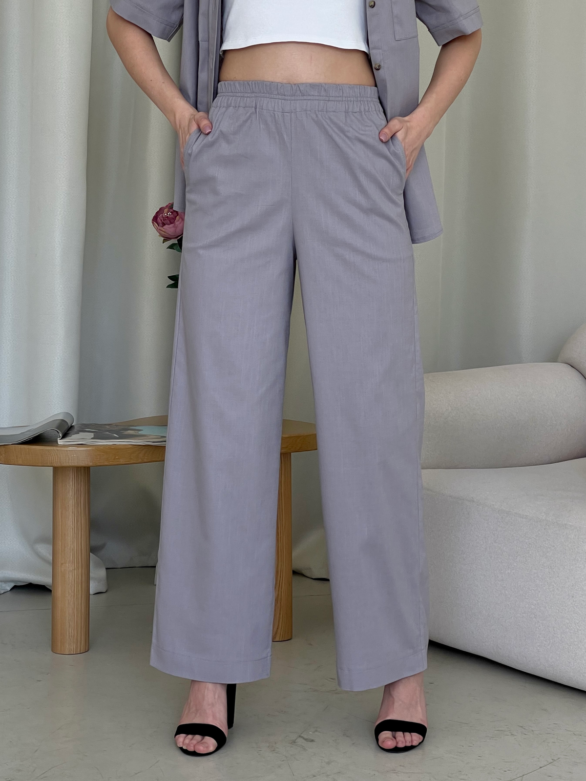 Купить Льняной костюм с штанами палаццо и рубашкой серый Лорен 100001203 размер 42-44 (S-M) в интернет-магазине