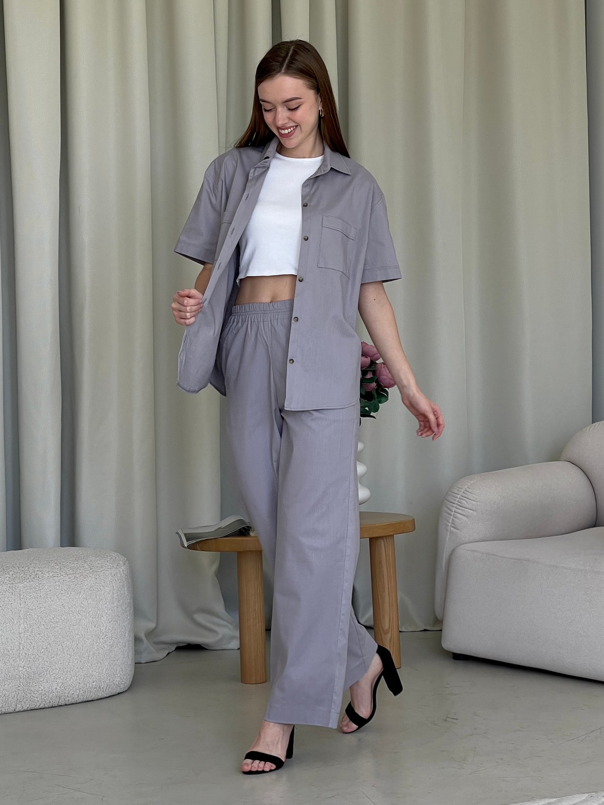 Купить Льняной костюм с штанами палаццо и рубашкой серый Лорен 100001203 размер 42-44 (S-M) в интернет-магазине